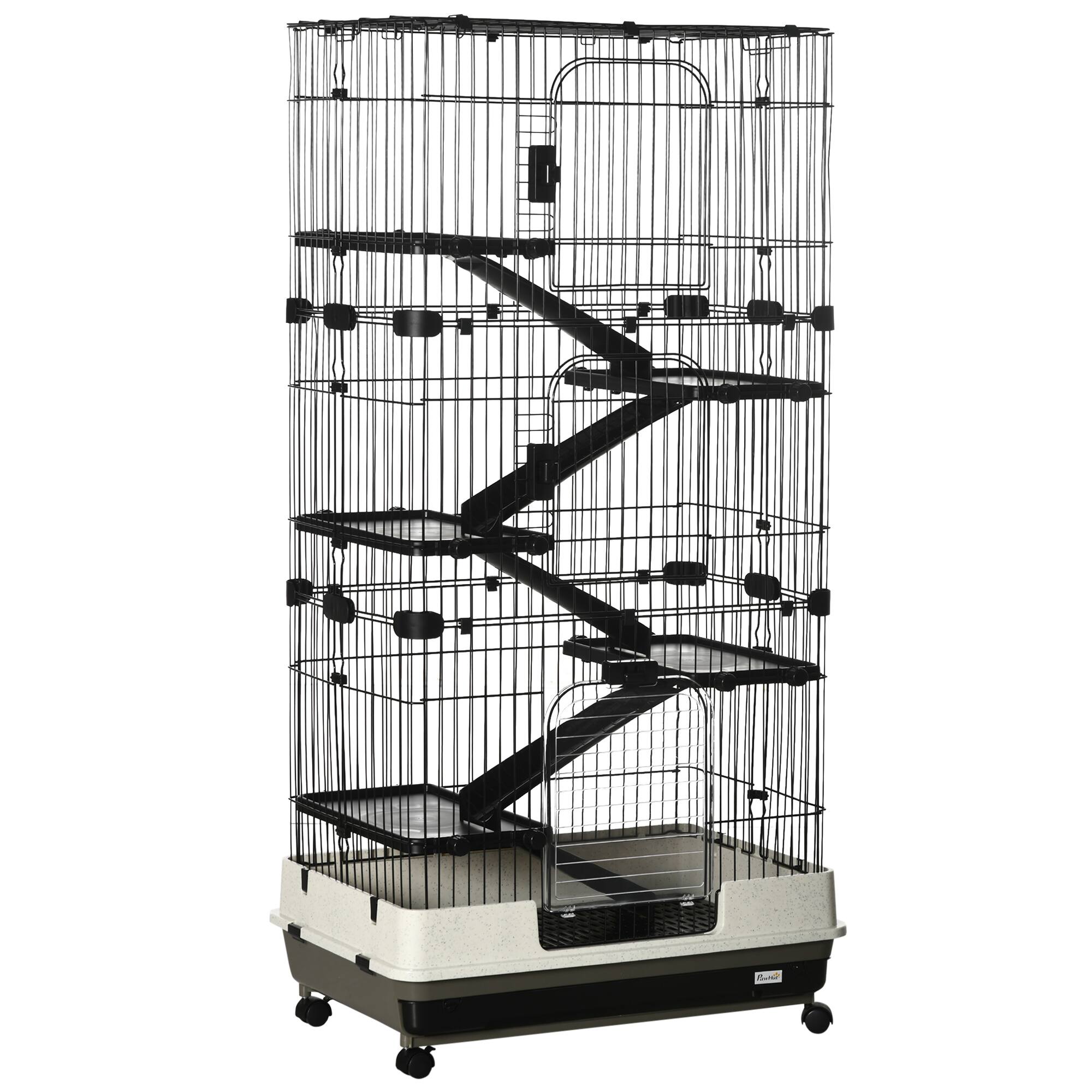 Front. Pawhut - 6-Level Small Animal Cage Rabbit Hutch with Wheels, Removable Tray, Platform and Ramp for Bunny, Chinchillas.