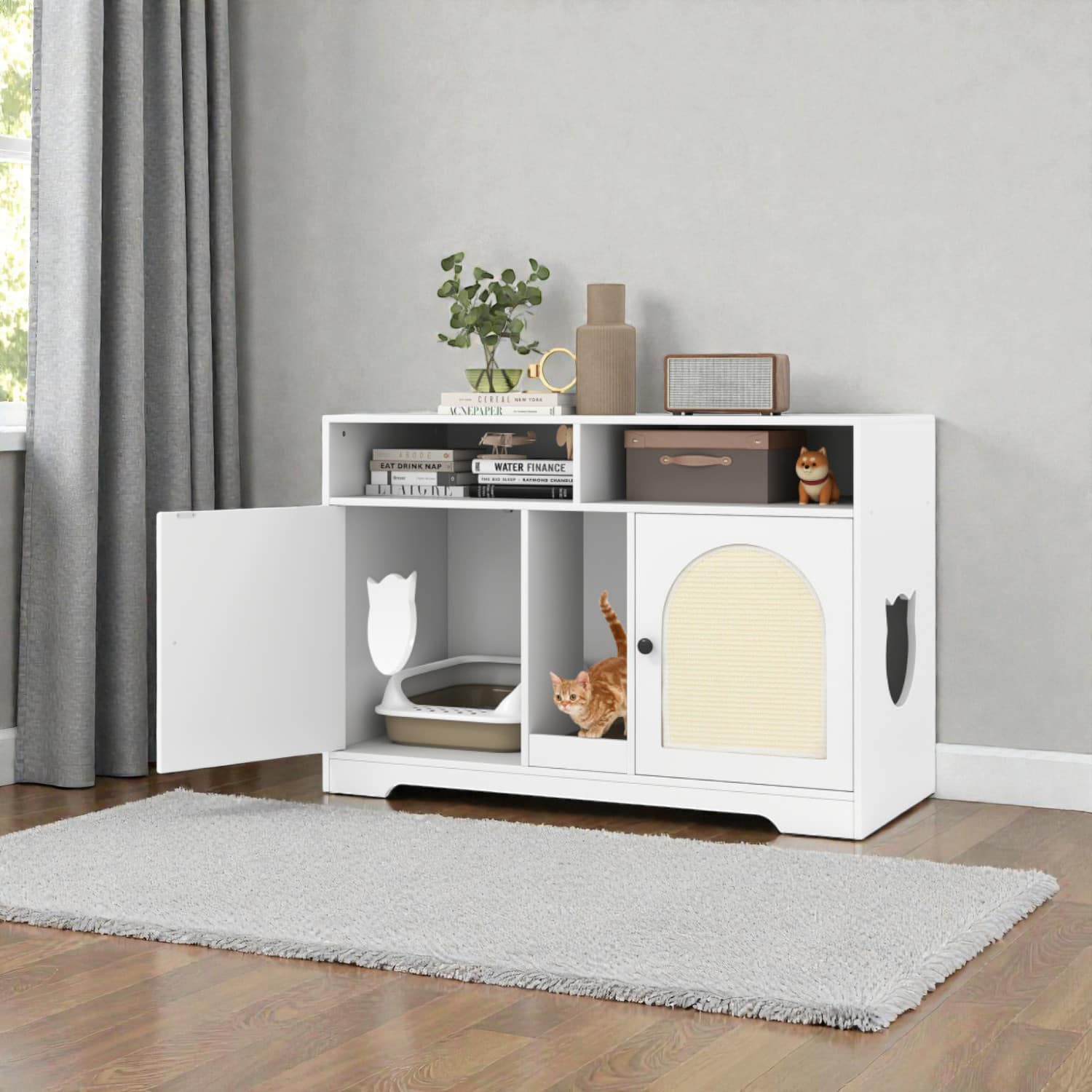 BreeBe - Spacious Cat Litter Enclosure Measuring 43 Inches with Dual Chambers and Storage - White