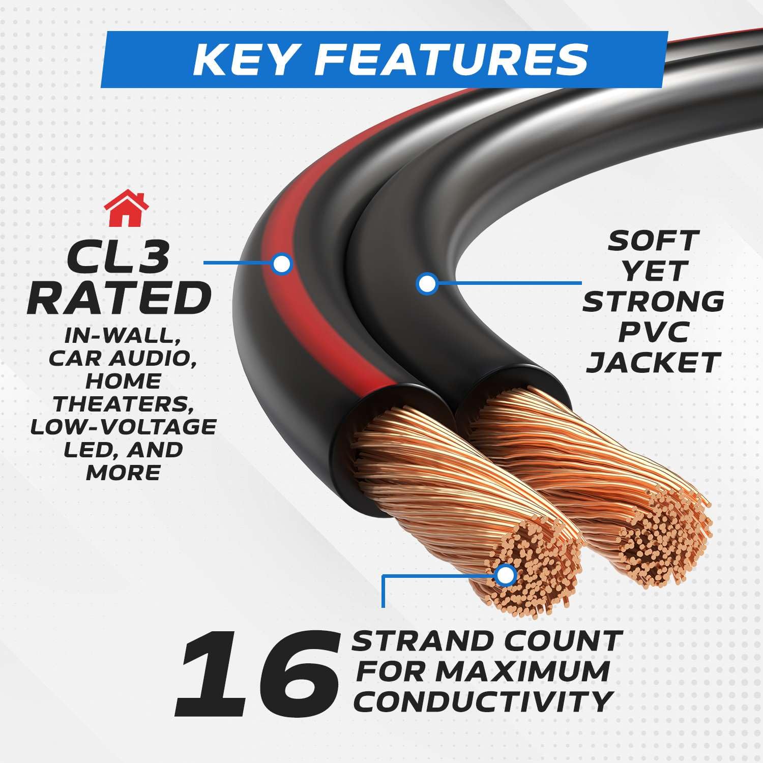 KEY FEATURES

- CL3 RATED
  - IN-WALL, CAR AUDIO, HOME THEATERS, LOW-VOLTAGE LED, AND MORE

- SOFT YET STRONG PVC JACKET

- 16 STRAND COUNT FOR MAXIMUM CONDUCTIVITY
