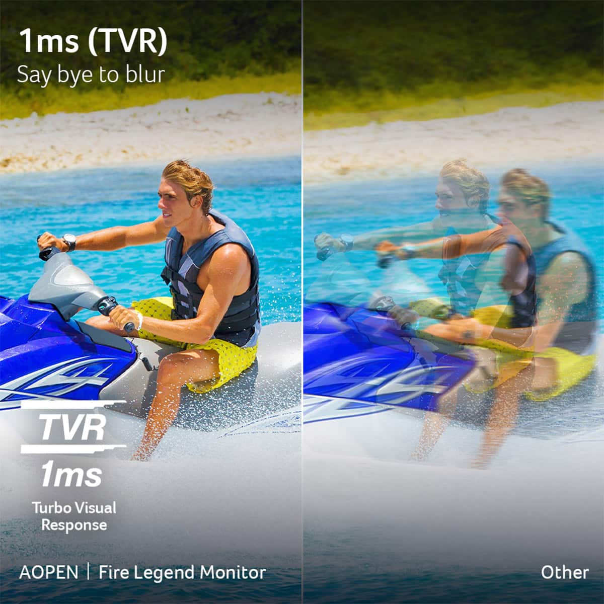 The text on the image can be grouped and corrected as follows:
1 ms (TVR) Say bye to blur TVR 1 ms Turbo Visual Response AOPEN | Fire Legend Monitor Other