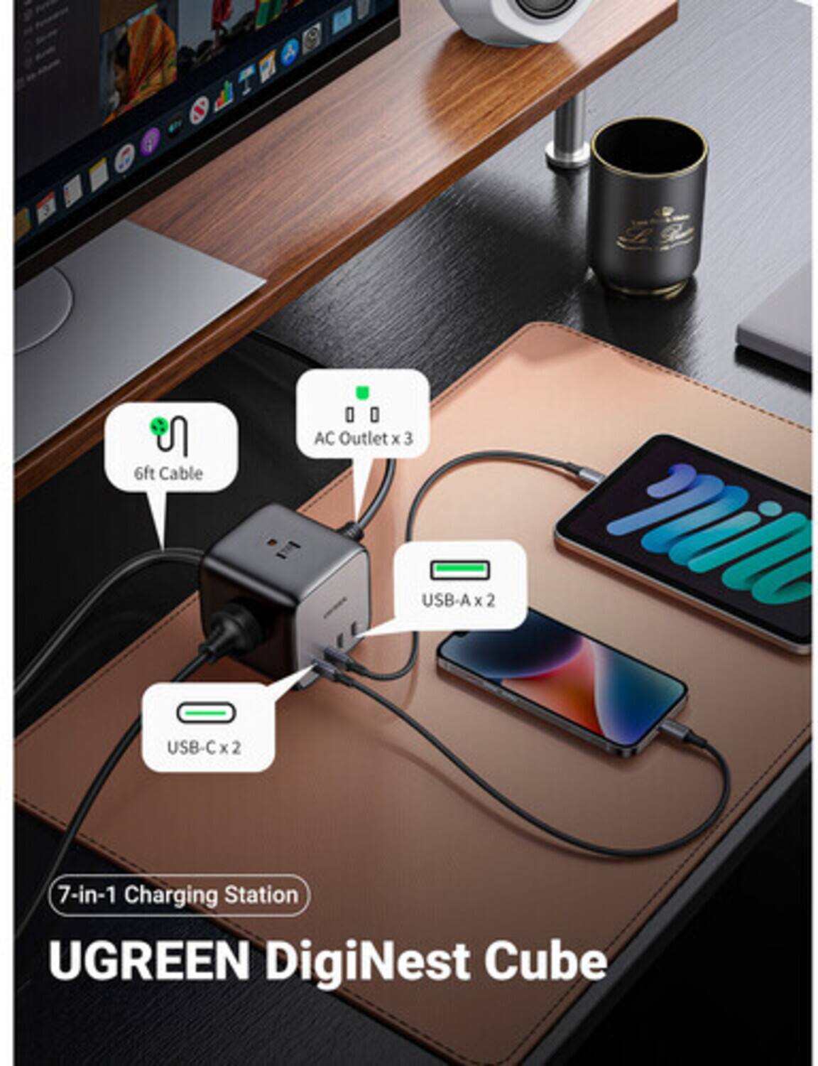 6ft Cable  
AC Outlet x 3  
USB-A x 2  
USB-C x 2  
7-in-1 Charging Station  
UGREEN DigiNest Cube