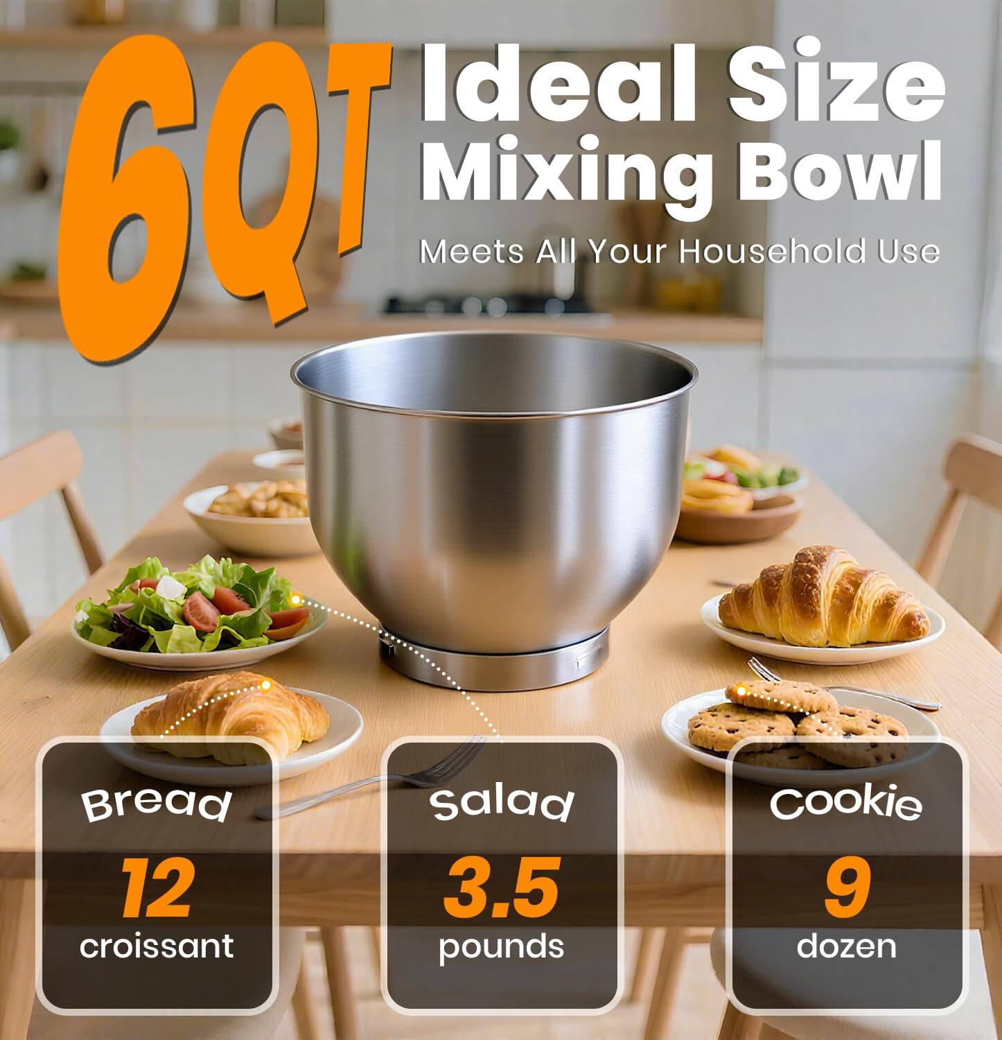 Ideal Size 6QT Mixing Bowl Meets All Your Household Use  
- Bread: 12 croissant  
- Salad: 3.5 pounds  
- Cookie: 9 dozen