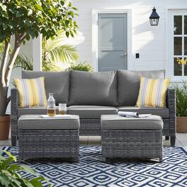 Ovios - 3 PCS Patio Furniture Wicker Sofa Couch with Ottoman for Garden Porch Deck - Dark Gray