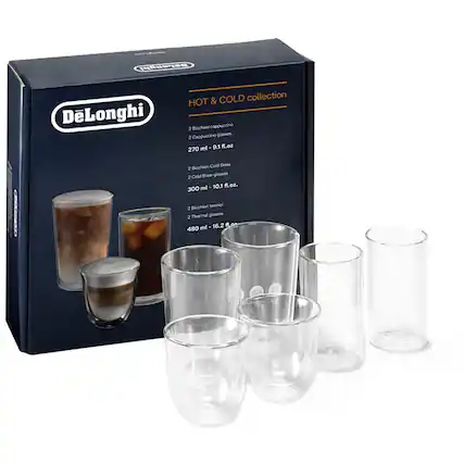 Bebenghi DeLonghi & COLD collection HOT & COLD 2 Bicchieri cappuccino 2 Cappuccino glasses 270 ml - 9.1 fl.oz. 2 Bicchieri Cold Brew 2 Cold Brew glasses 300 ml - 10.1 fl.oz. 2 Bicchieri termici 2 Thermal glasses 480 ml - 16.2 fl.oz.