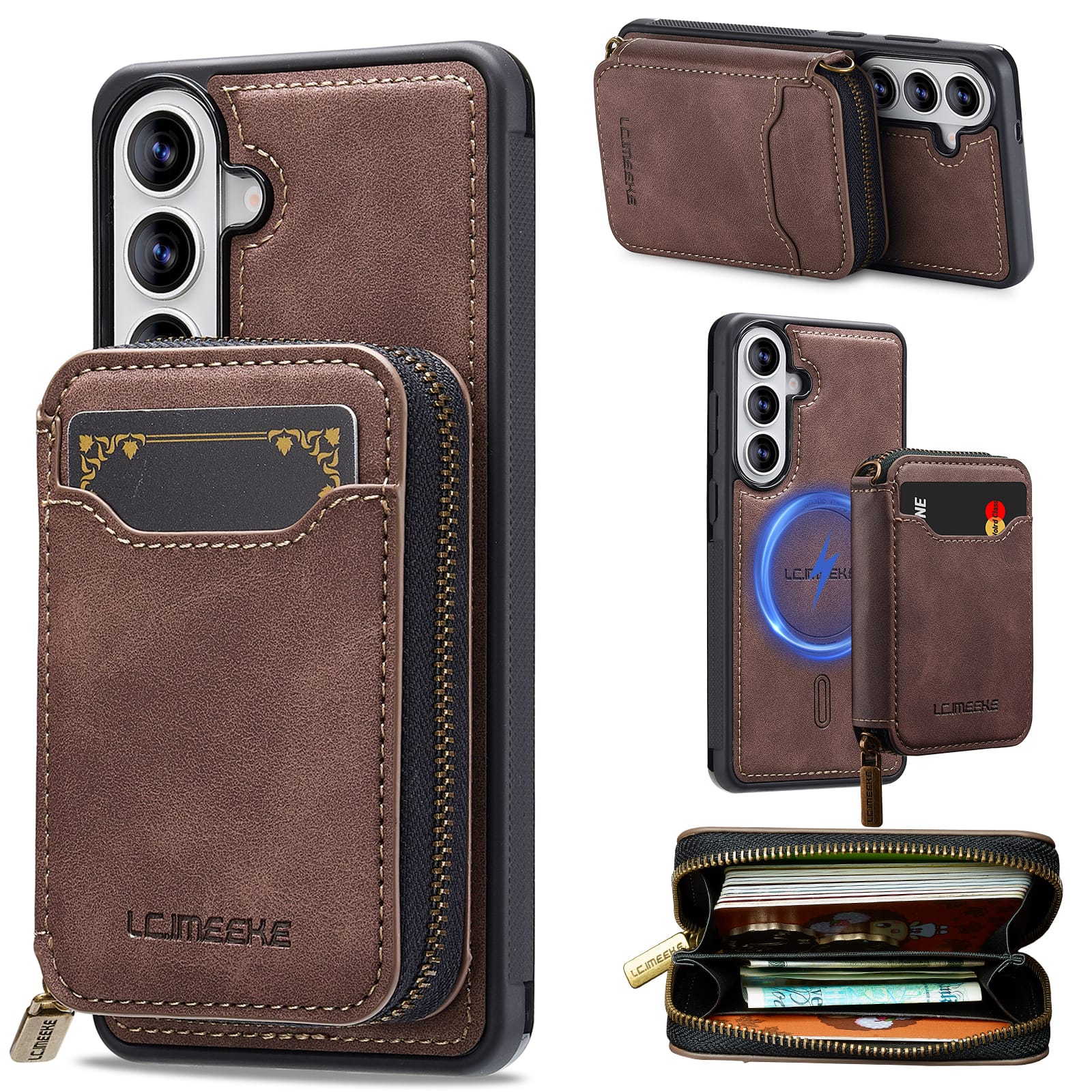 Dteck - 2-in-1 Magnetic Detachable Zipper Wallet Case for Samsung Galaxy S26, RFID Blocking PU Leather Phone Cover - Coffee