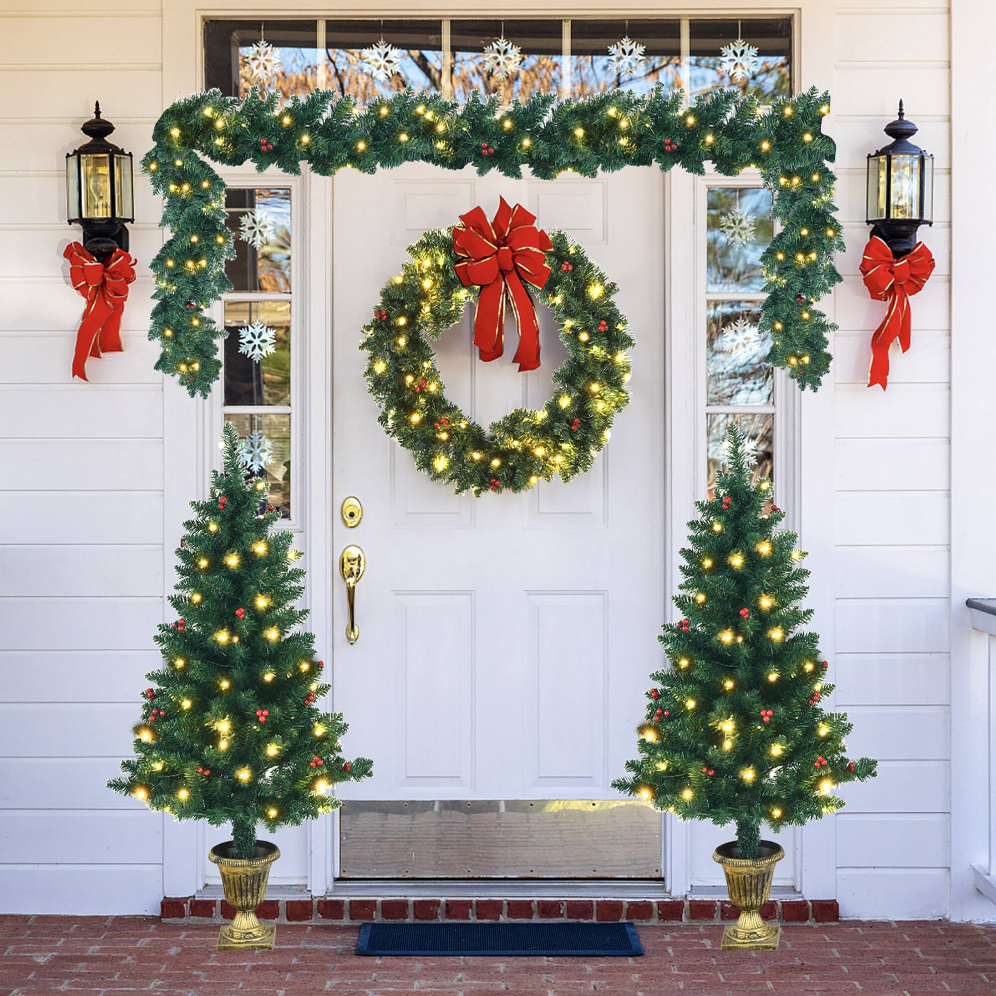 Alt View 2. Costway - Costway 4pcs Pre-lit Christmas Decoration Set w/ Garland Wreath & Entrance Trees - Green.
