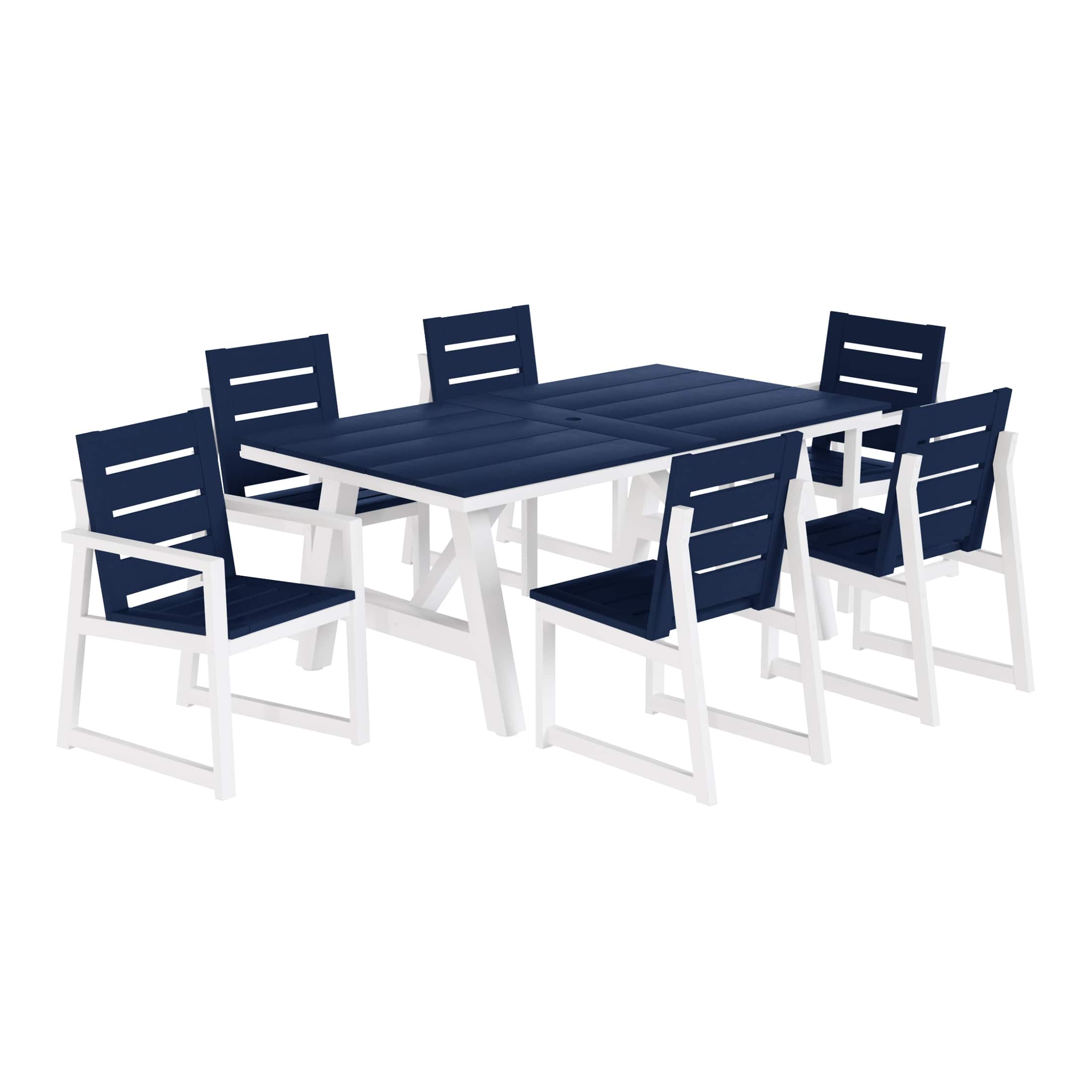 WestinTrends - Cape May 7-Piece HDPE Outdoor Furniture Patio Dining Table With Umbrella Hole and Chairs Set For 6 - Navy Blue