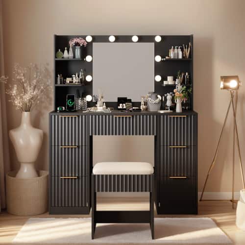 Winado - Fluted Makeup Vanity Set with Lighted Mirror & Charging Station, Dressing Table w/ 7 Drawers for Femal Gift - Black