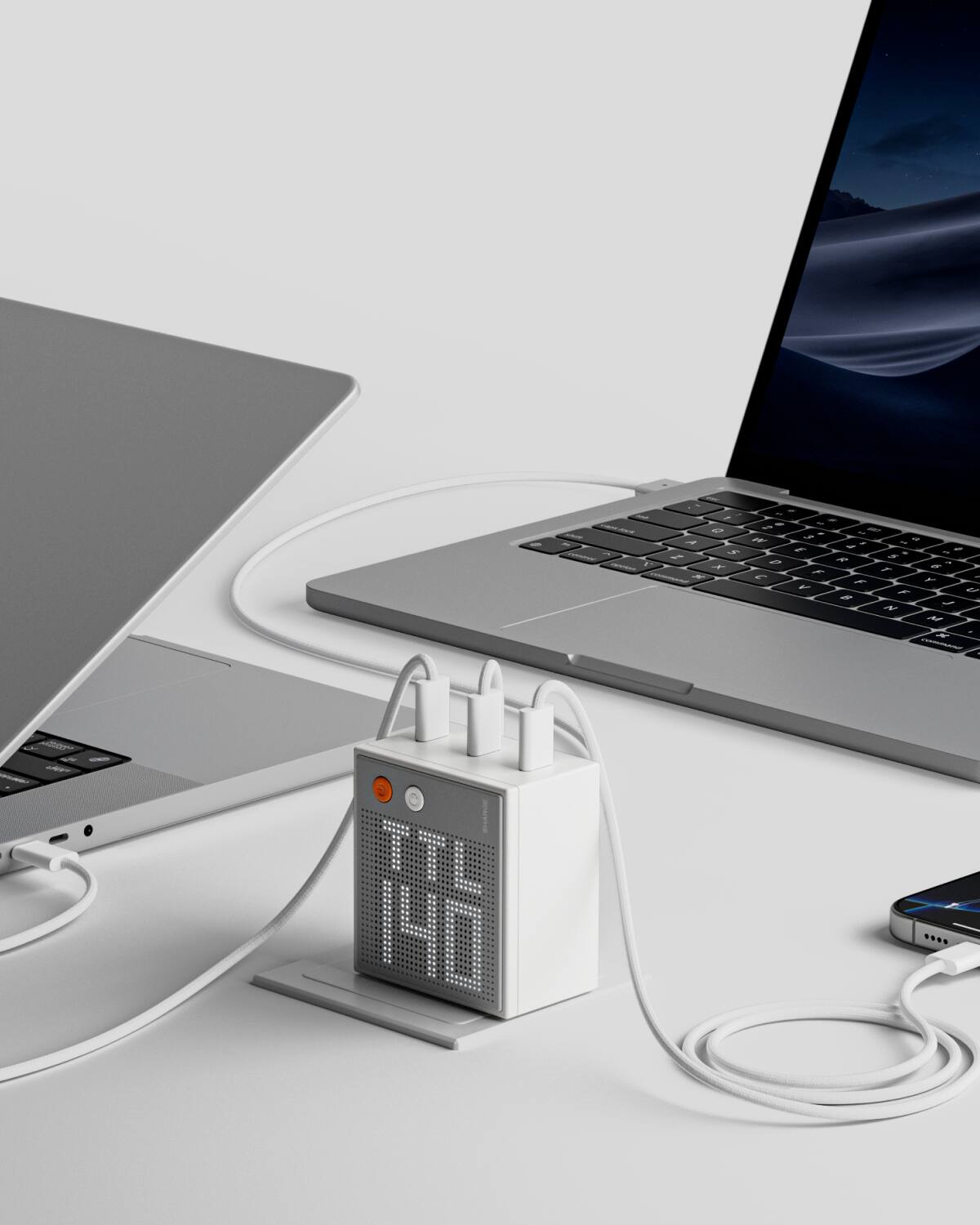 Back. Sharge - Pixel 140 Laptop Charger 140W USB C GaN Charger 3-Port with Smart Dot-Matrix Display PD3.1 Fast Charging - White.