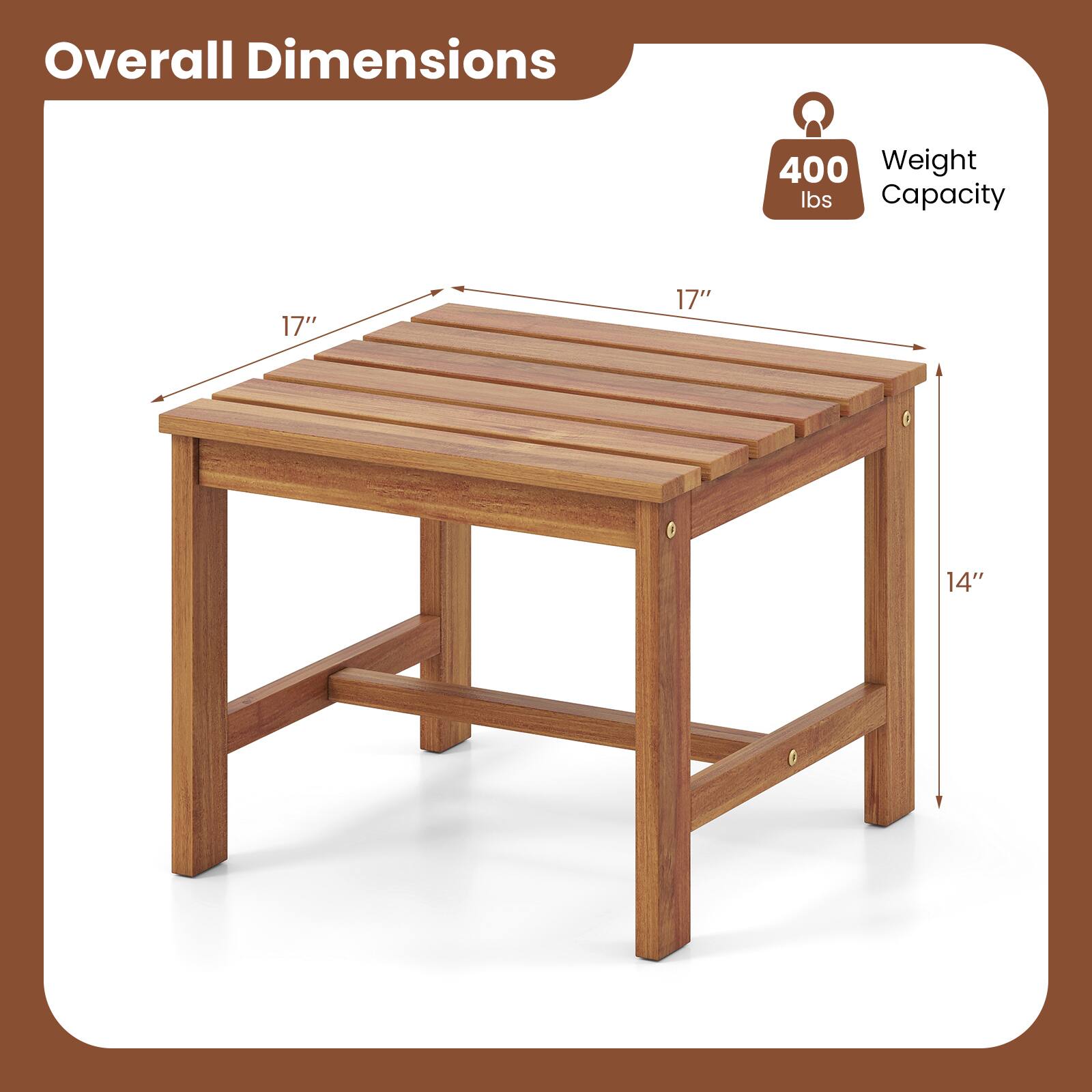 Overall Dimensions: 400 lbs Weight Capacity, 17" x 17" x 14"