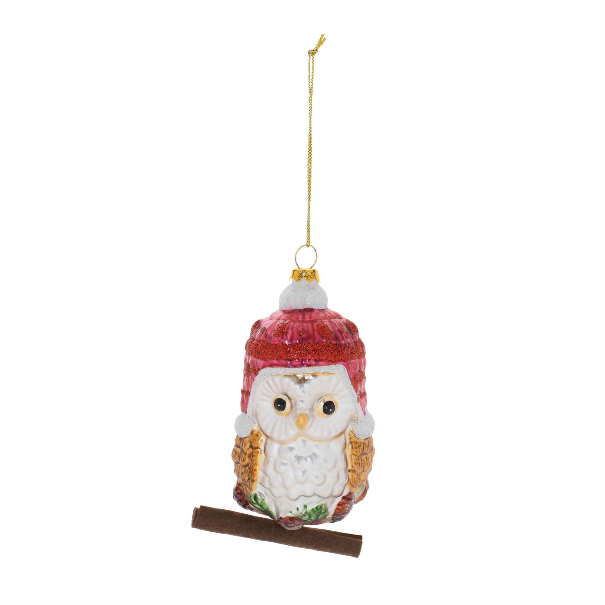 Angle. BreeBe - Glittered Glass Owl Ornament (Set of 12) - White, Red, Brown.