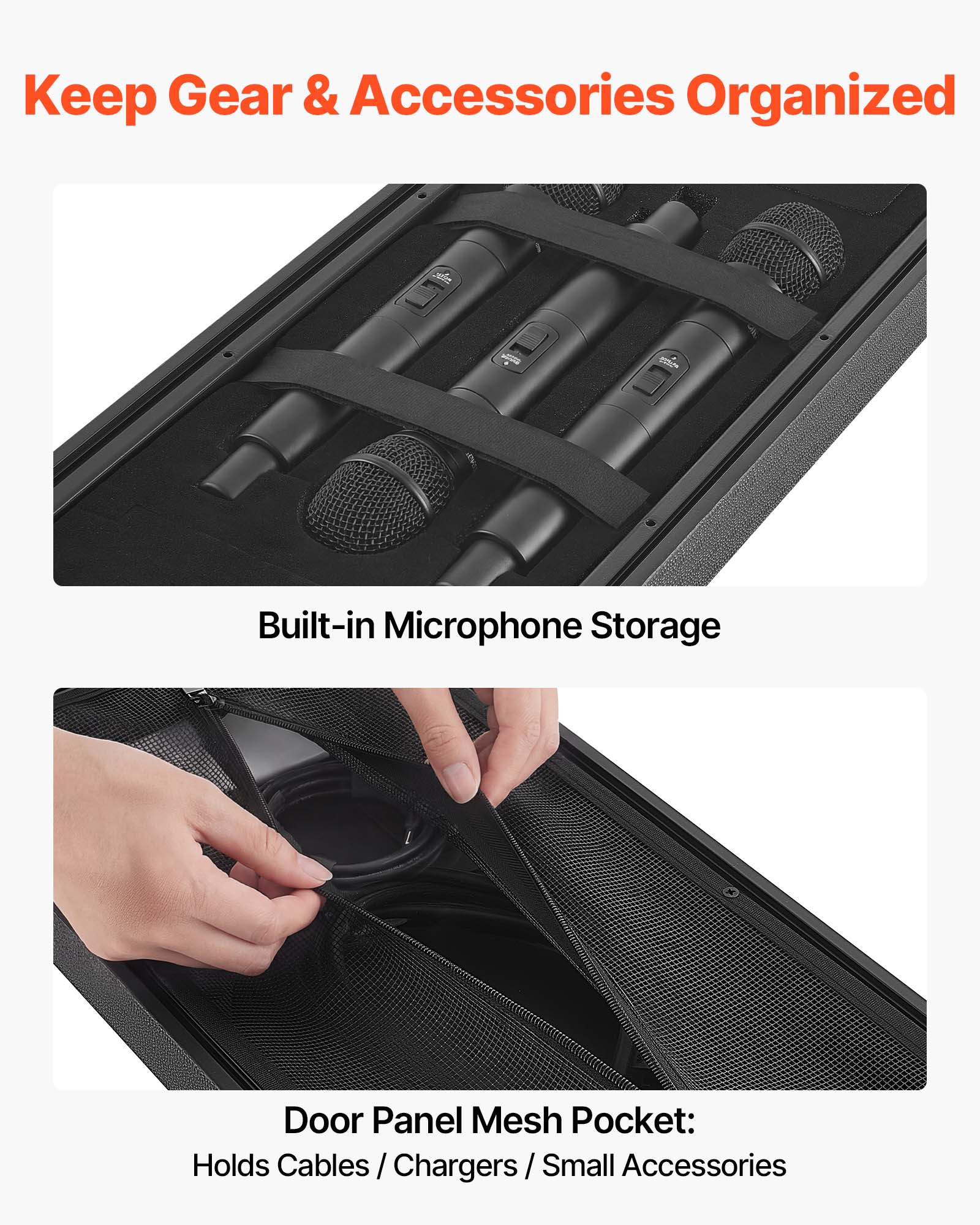 Keep Gear & Accessories Organized

Built-in Microphone Storage

Door Panel Mesh Pocket:
Holds Cables / Chargers / Small Accessories