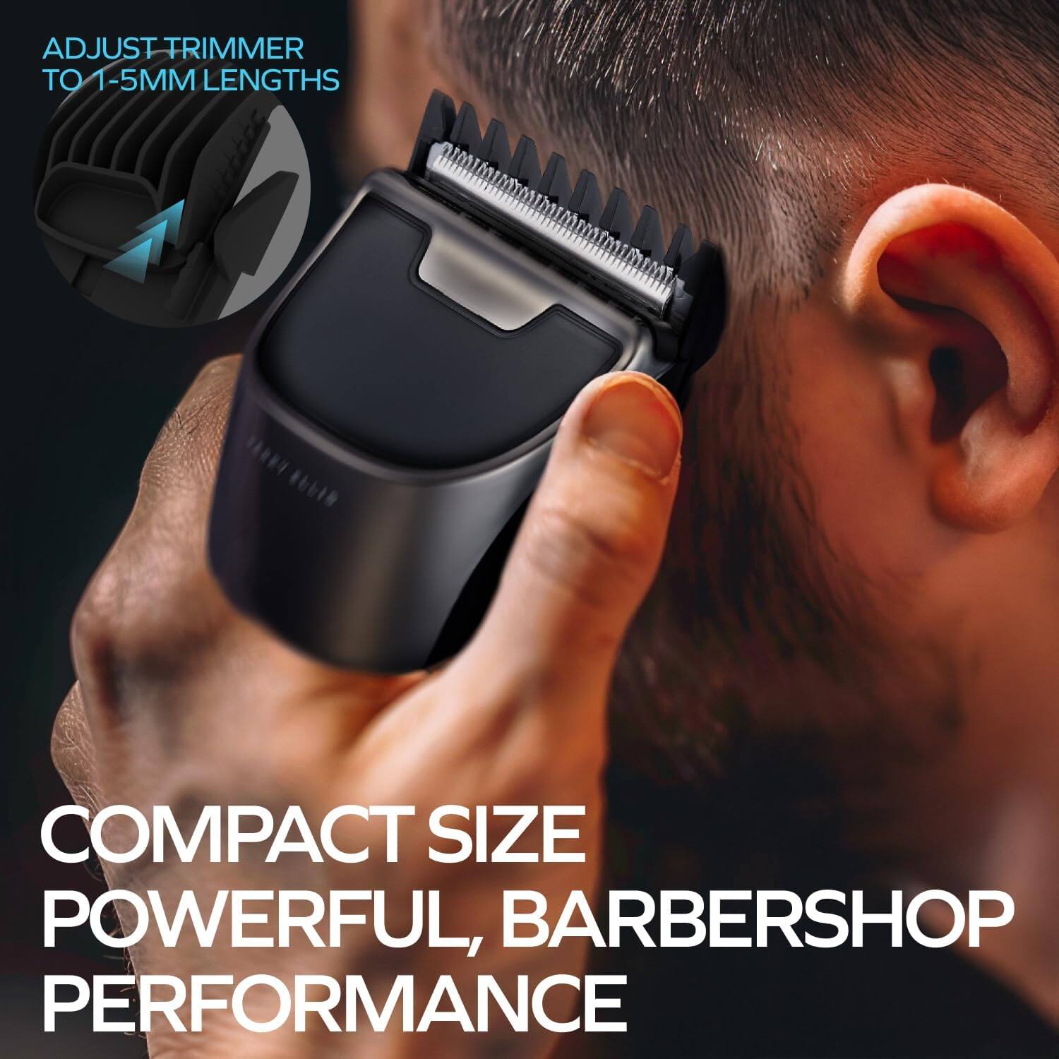 Adjust trimmer to 1-5mm lengths. Compact size, powerful, barbershop performance.