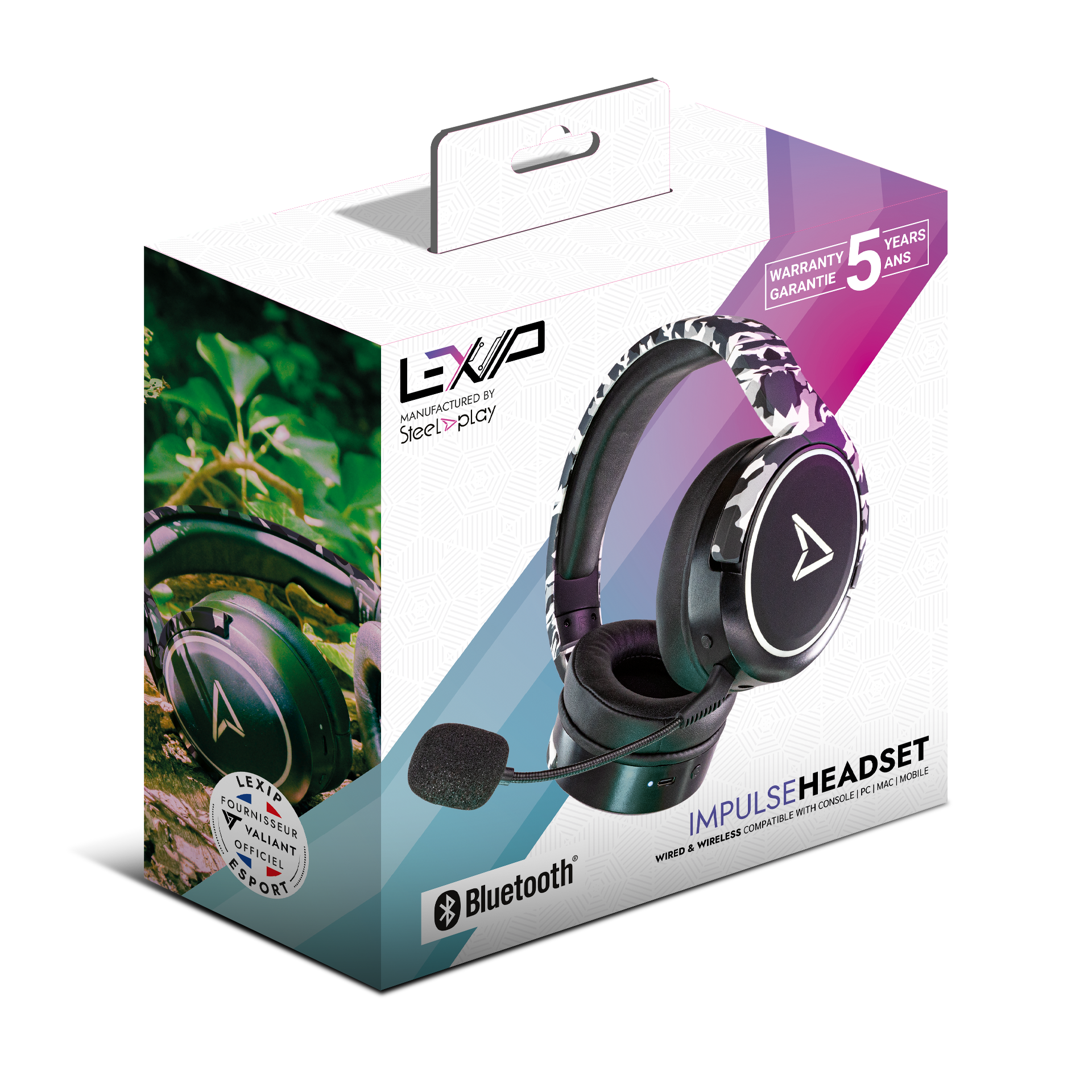 LEXIP BY SteelDplay MANUFACTURED
WARRANTY 5 ANS GARANTIE
LEXIP 4 FOURNISSEUR VALIANT ESPORT
19588
IMPULSE HEADSET
WIRELESS & WIRE COMPATIBLE WITH CONSOLE | PC | MAC | MOBILE
Bluetooth