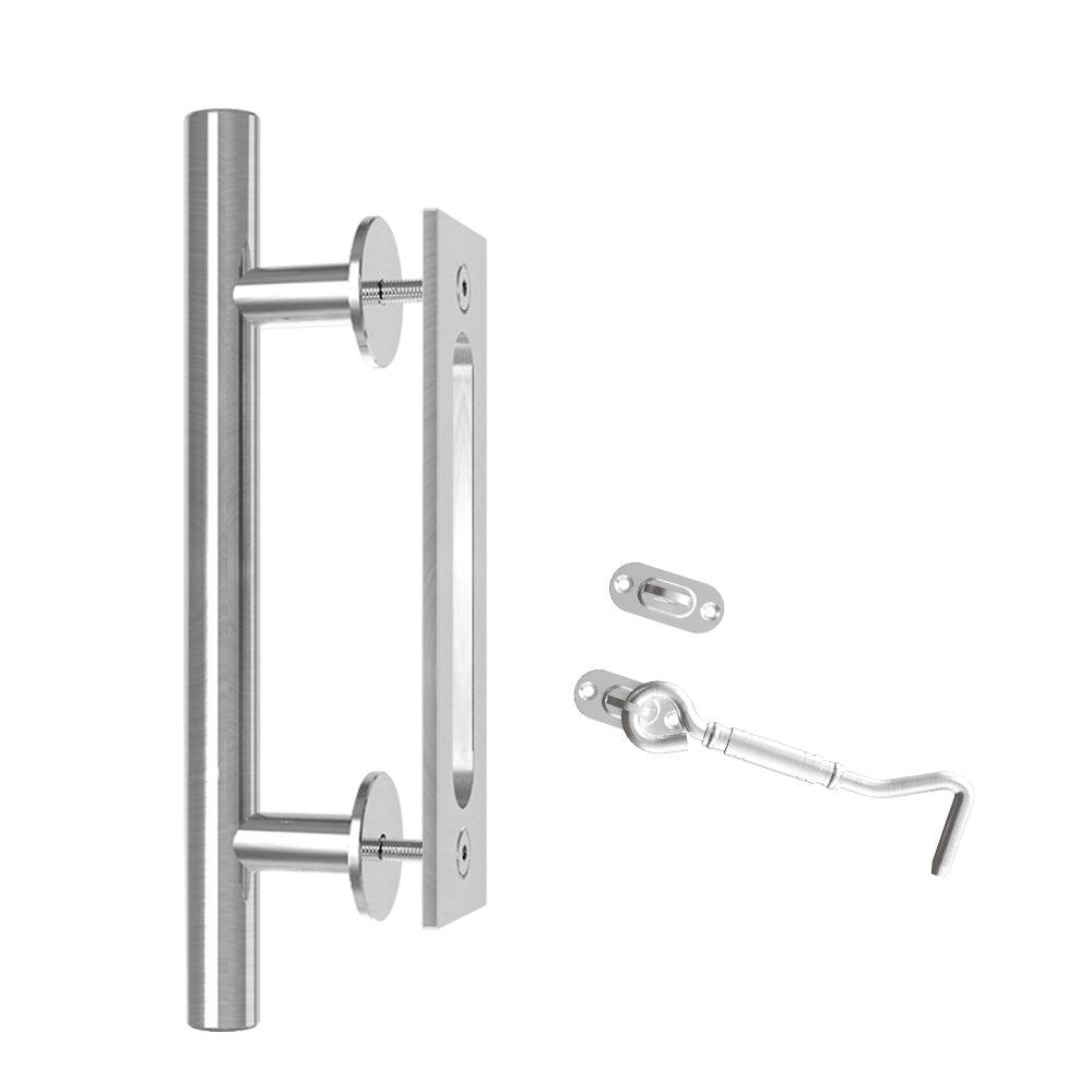 Front. Boyel Living - 12 in. Stainless Steel Ladder Sliding Barn Door Handle with Hook Lock Latch - Stainless Steel.