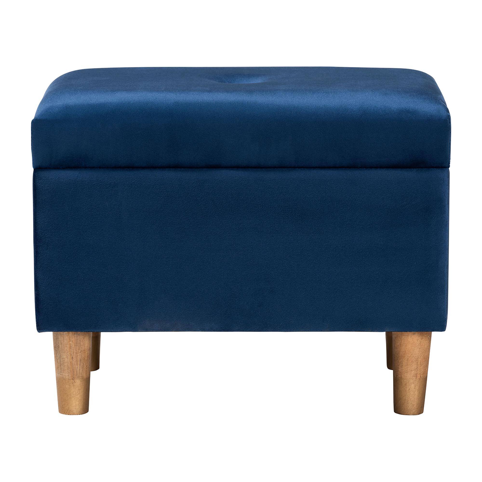 Left. Baxton Studio - Elias Modern Velvet Fabric Storage Ottoman - Navy Blue/Oak Brown.