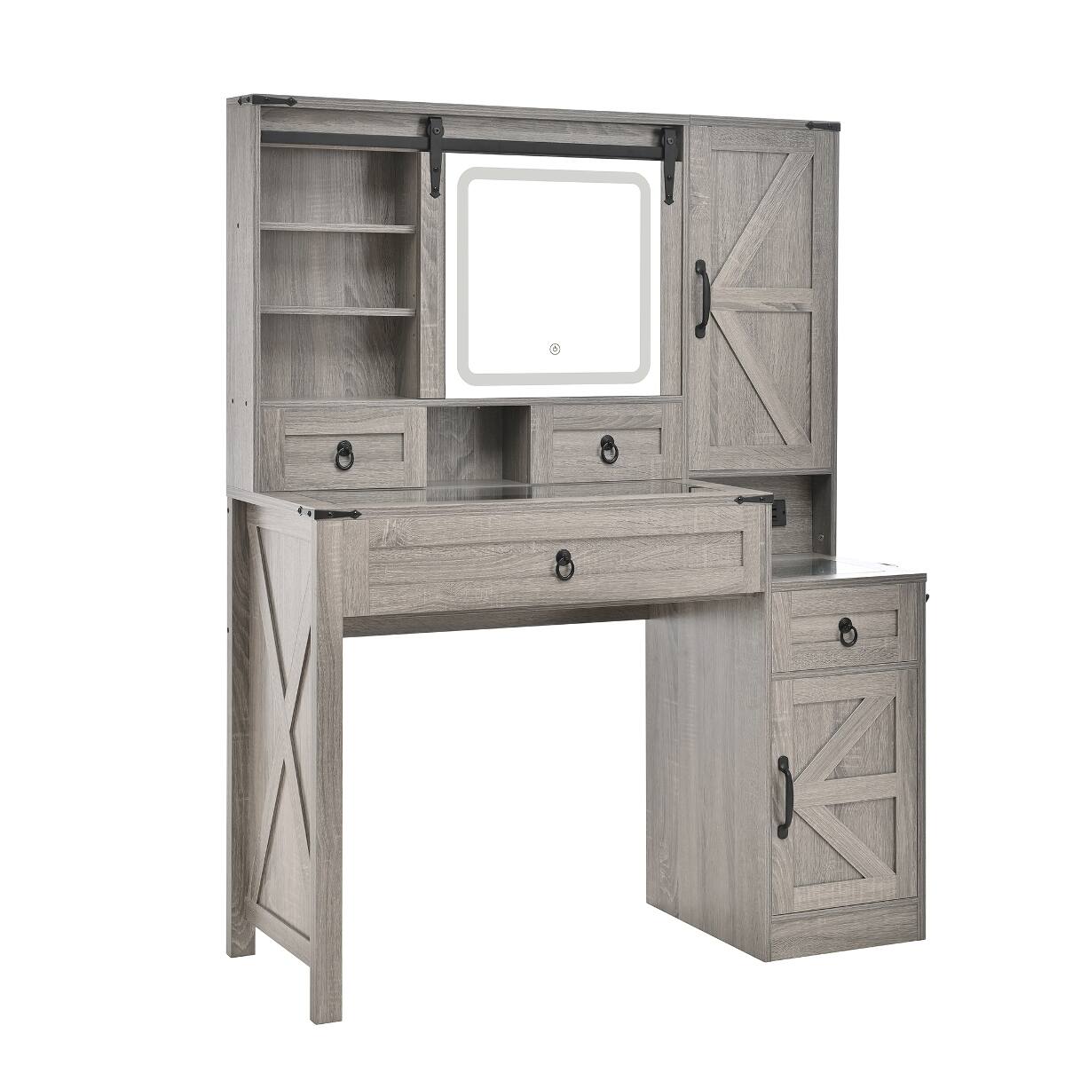 Alt View 7. Loheer - Loheer Farmhouse Vanity Desk with LED Mirror, Gray Vanity Set with Stool - Gray.