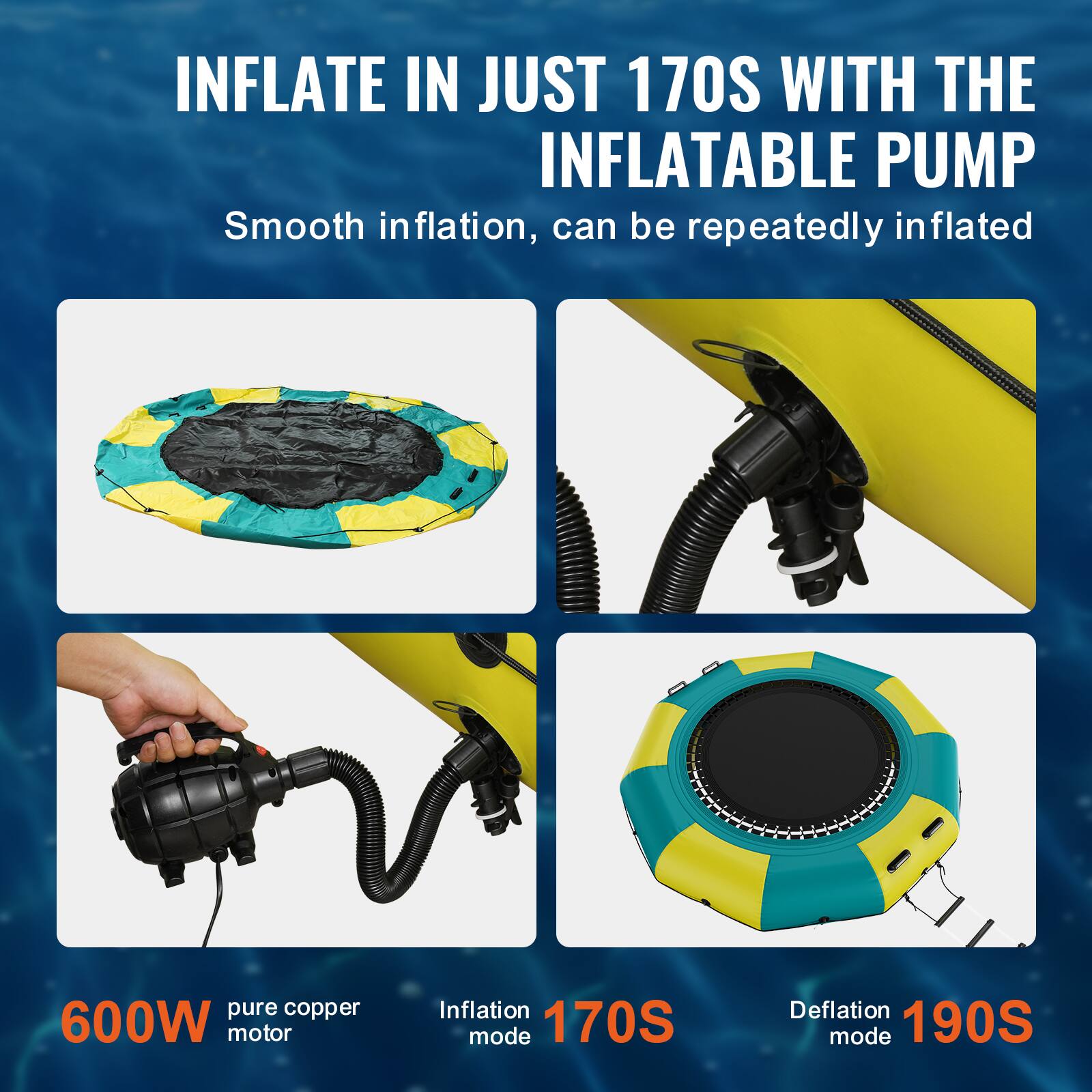 INFLATE IN JUST 170S WITH THE INFLATABLE PUMP. Smooth inflation, can be repeatedly inflated. Pure copper 600W motor. Inflation mode: 170S. Deflation mode: 190S.