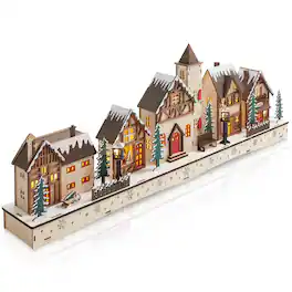 Casafield - Pre-Lit Wooden Christmas Village - Traditional Winter Holiday Décor - Beige