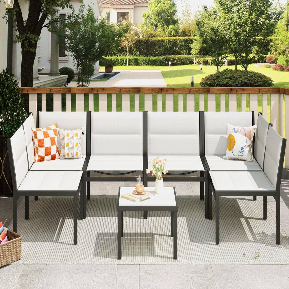 Front. Mondawe - 7-Piece Taffeta Seating Set with Steel Frame - White+Grey.