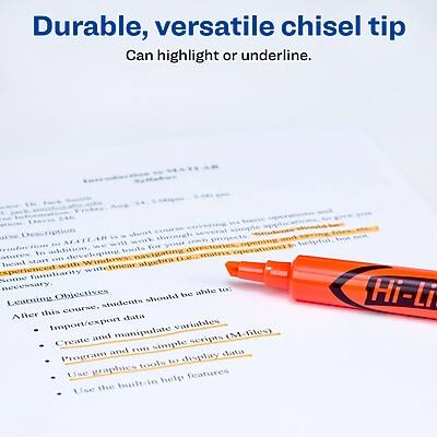 **Durable, versatile chisel tip**  
Can highlight or underline.

---

**MATLAB**  
MATLAB is a high-level language and interactive environment for numerical computation, visualization, and programming. It allows you to explore data, create algorithms, and build applications. Some familiarity with linear algebra and programming is necessary.

**Learning Objectives**  
After this course, students should be able to:

- Import/export data
- Create and manipulate variables
- Create and run simple scripts (M-files)
- Program to display graphics
- Use graphics tools to display data
- Use the built-in help features
