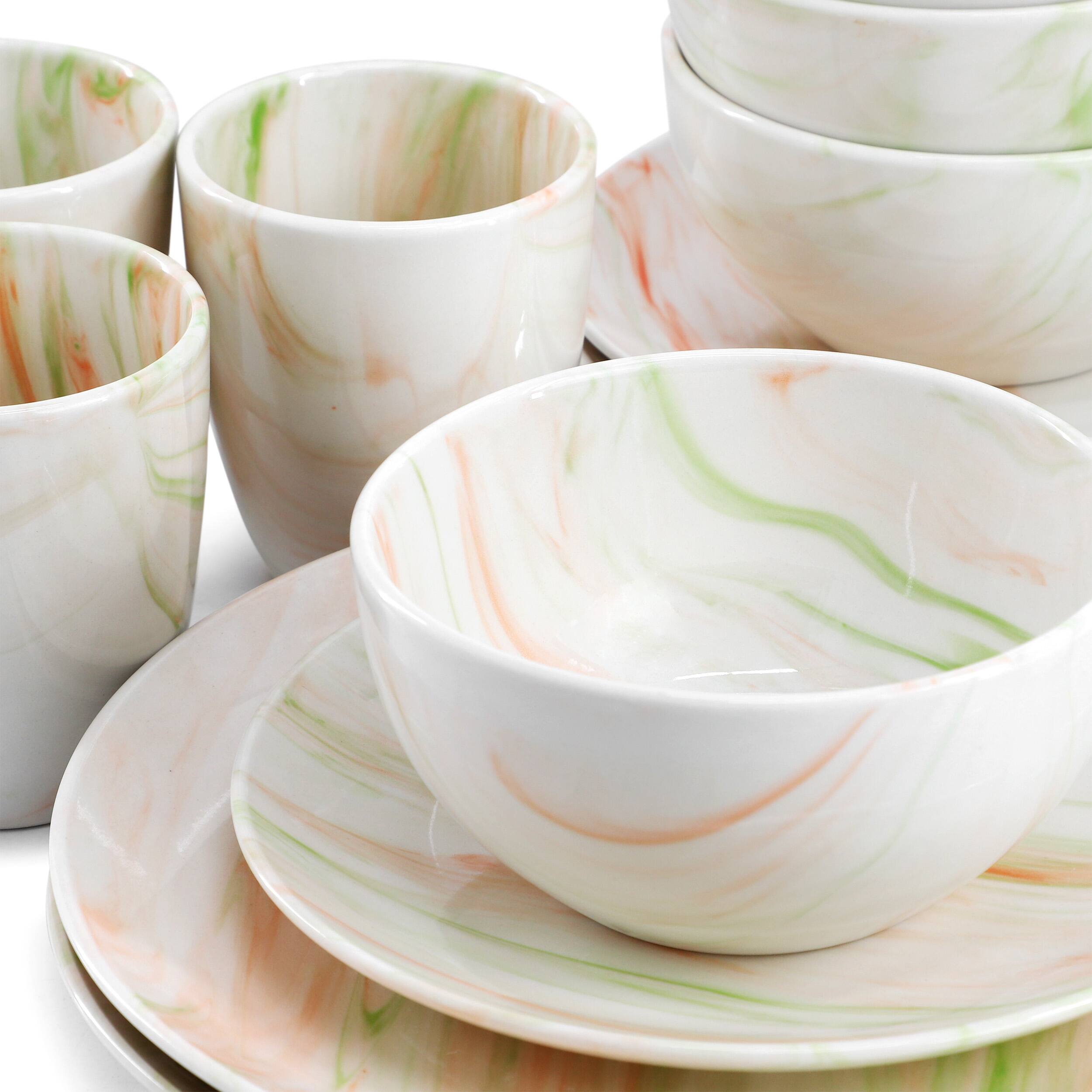 Alt View 5. Elama - Elama Fine Marble 16 Piece Porcelain Dinnerware Set in Orange and Green - Orange and Green.