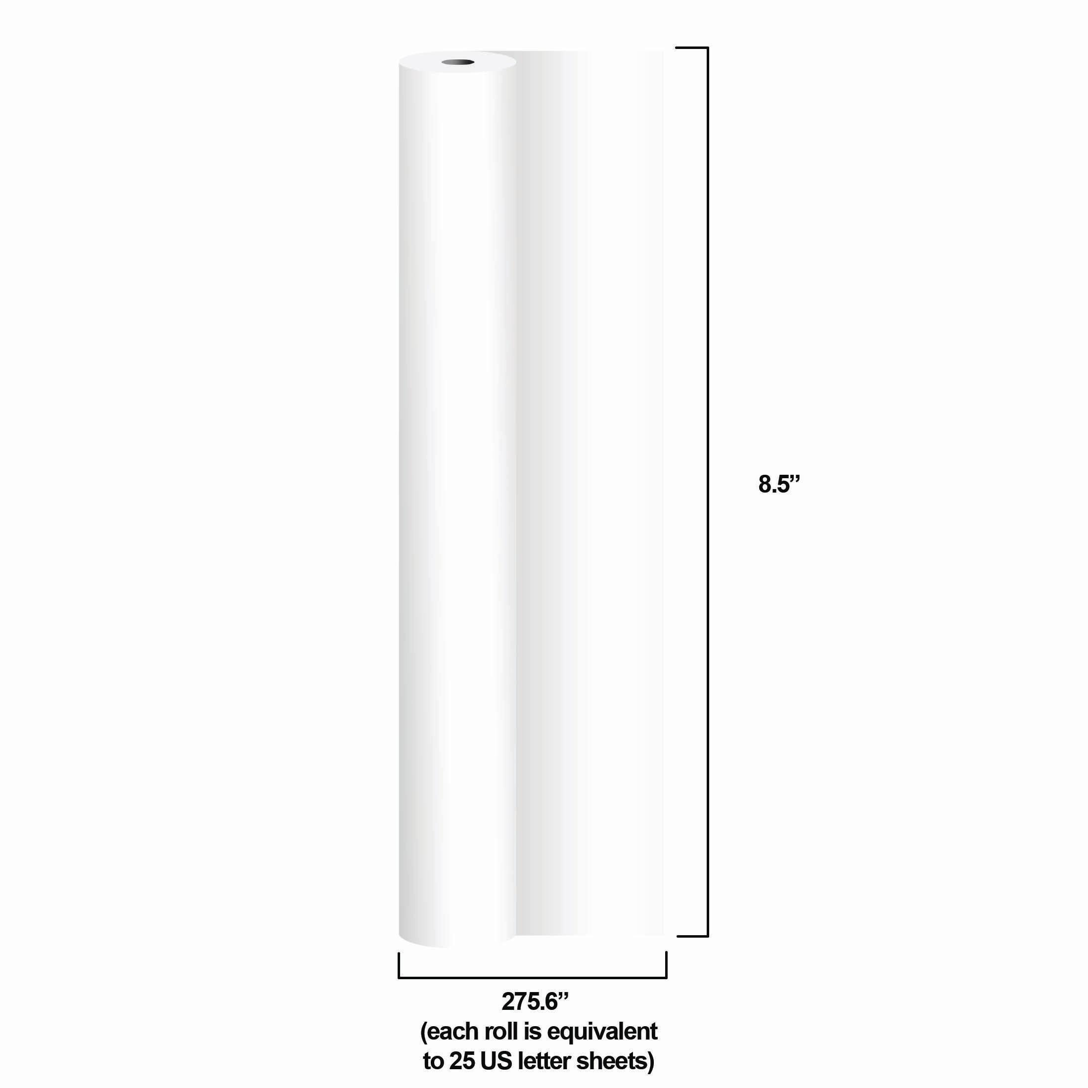 8.5" x 275.6" (each roll is equivalent to 25 US letter sheets)