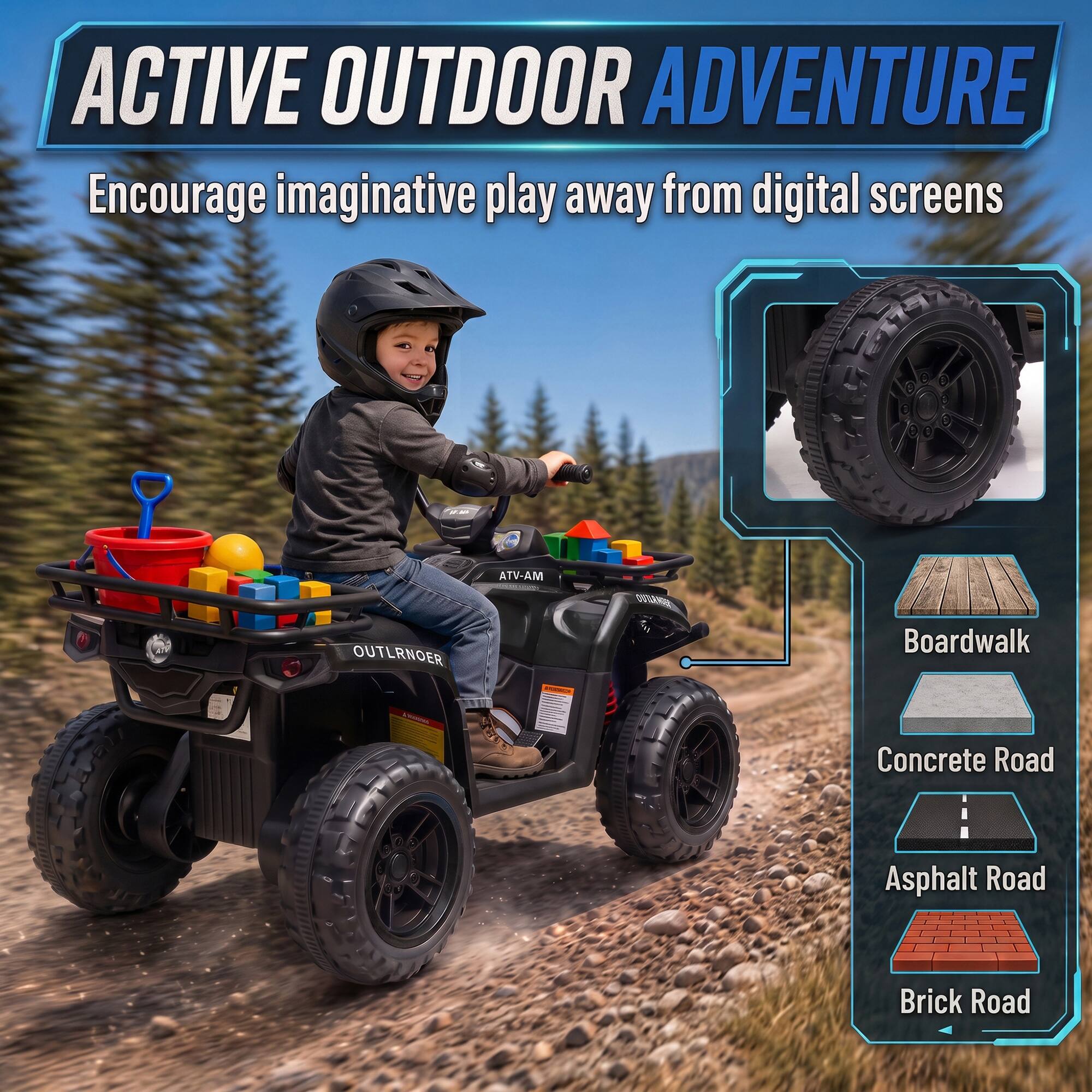 ACTIVE OUTDOOR ADVENTURE  
Encourage imaginative play away from digital screens

00.30%  
MA-VTA  
OUTLRNOER  
Boardwalk  
Concrete Road  
Asphalt Road  
Brick Road