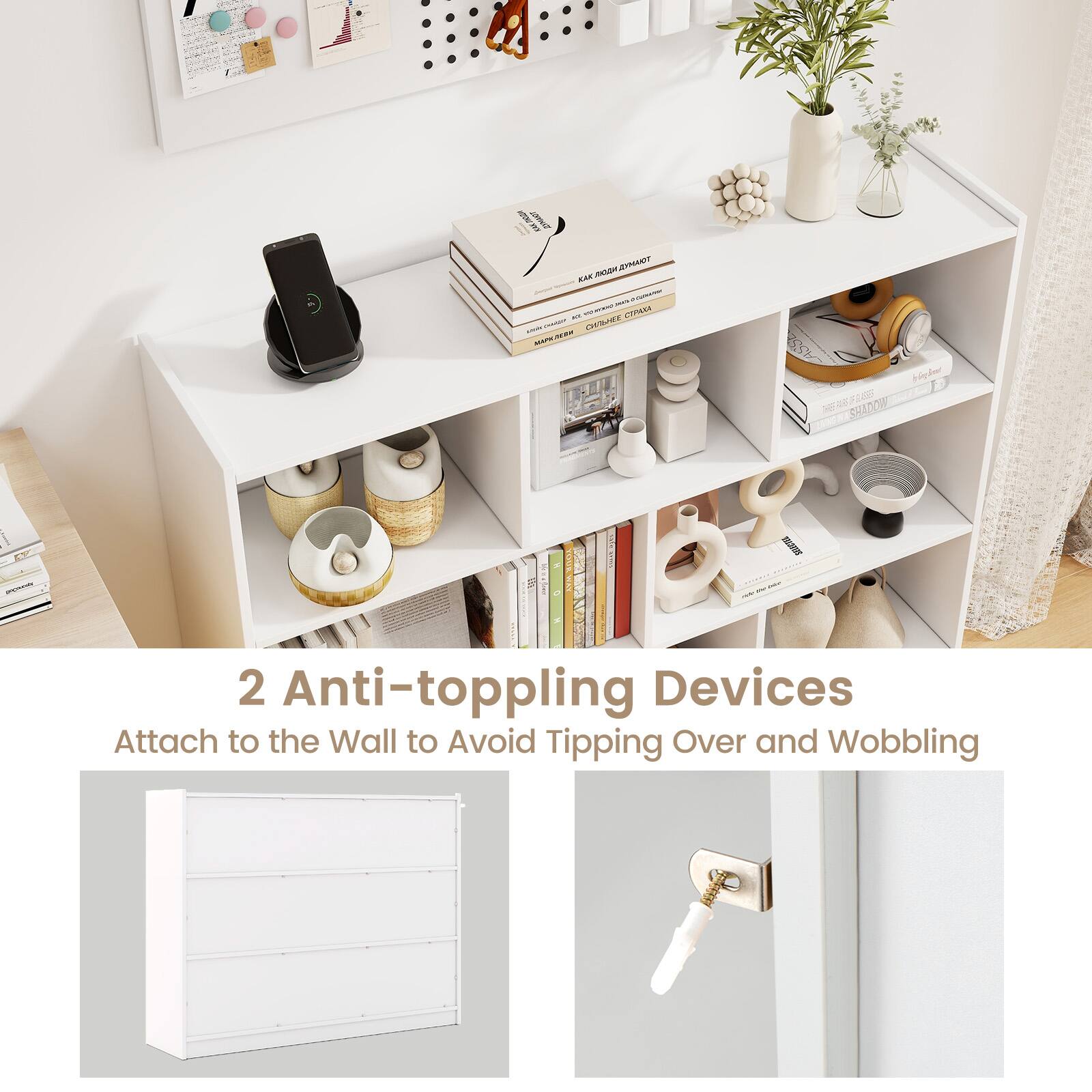 The text on the image reads: "2 Anti-toppling Devices Attach to the Wall to Avoid Tipping Over and Wobbling."