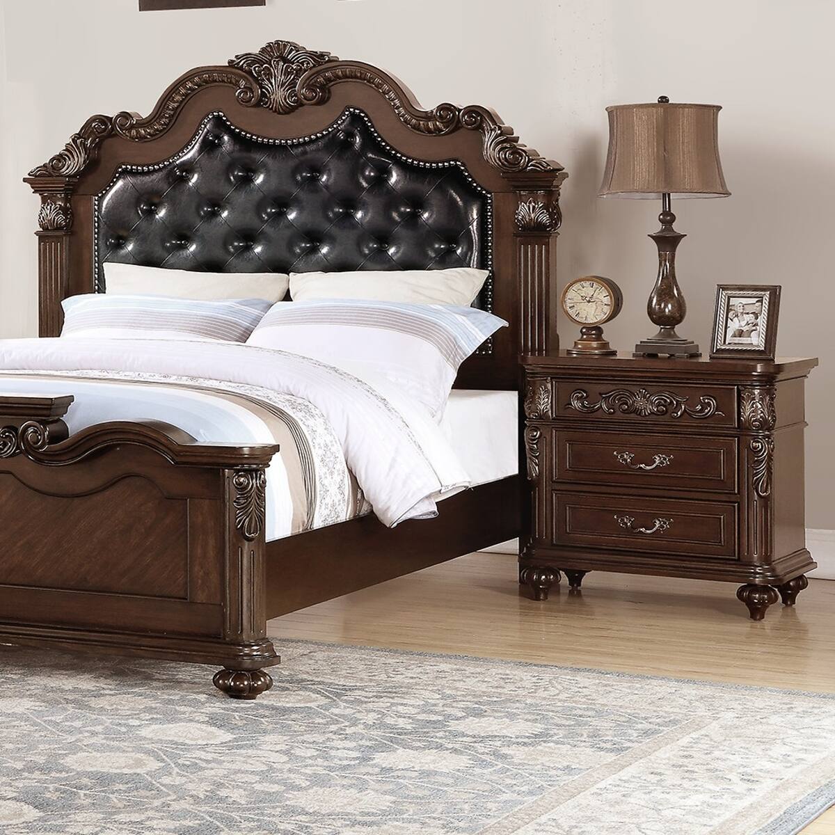 Alt View 2. Loheer - Loheer Traditional Walnut Nightstand, Two Drawer Bedside Table, Antique Finish - Walnut Brown.