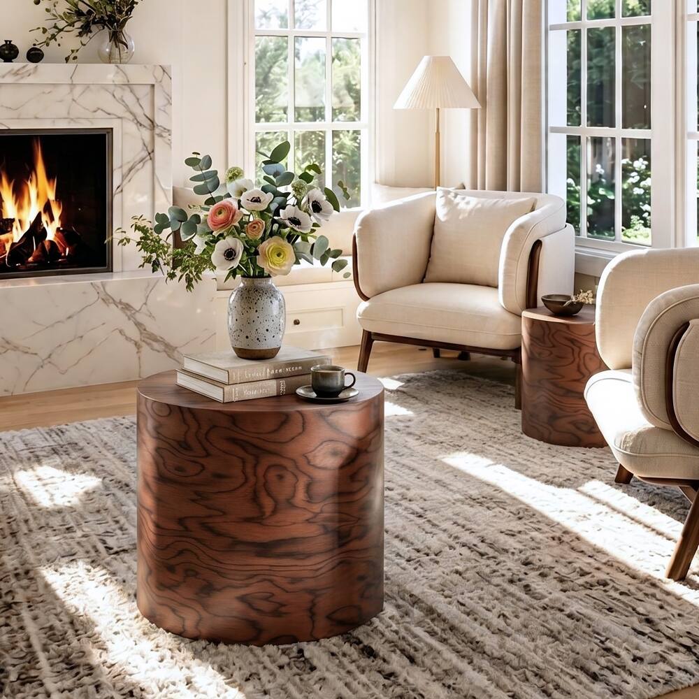 Left. Loheer - Loheer 2-Piece Nesting Round Coffee Table Set Tree Stump Drum Accent Side Table No Assembly Brown Pommele - Brown.