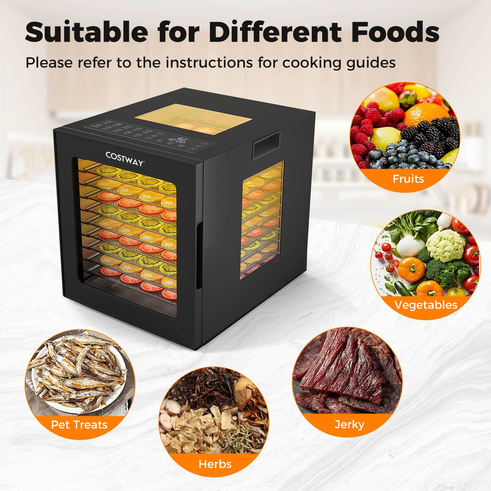 Suitable for Different Foods  
Please refer to the instructions for cooking guides  

- Fruits  
- Vegetables  
- Pet Treats  
- Jerky  
- Herbs