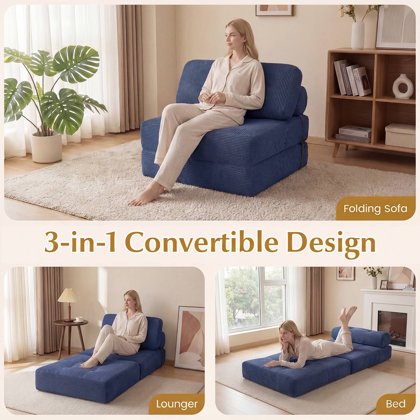 3-in-1 Convertible Design

Folding Sofa

Lounger

Bed