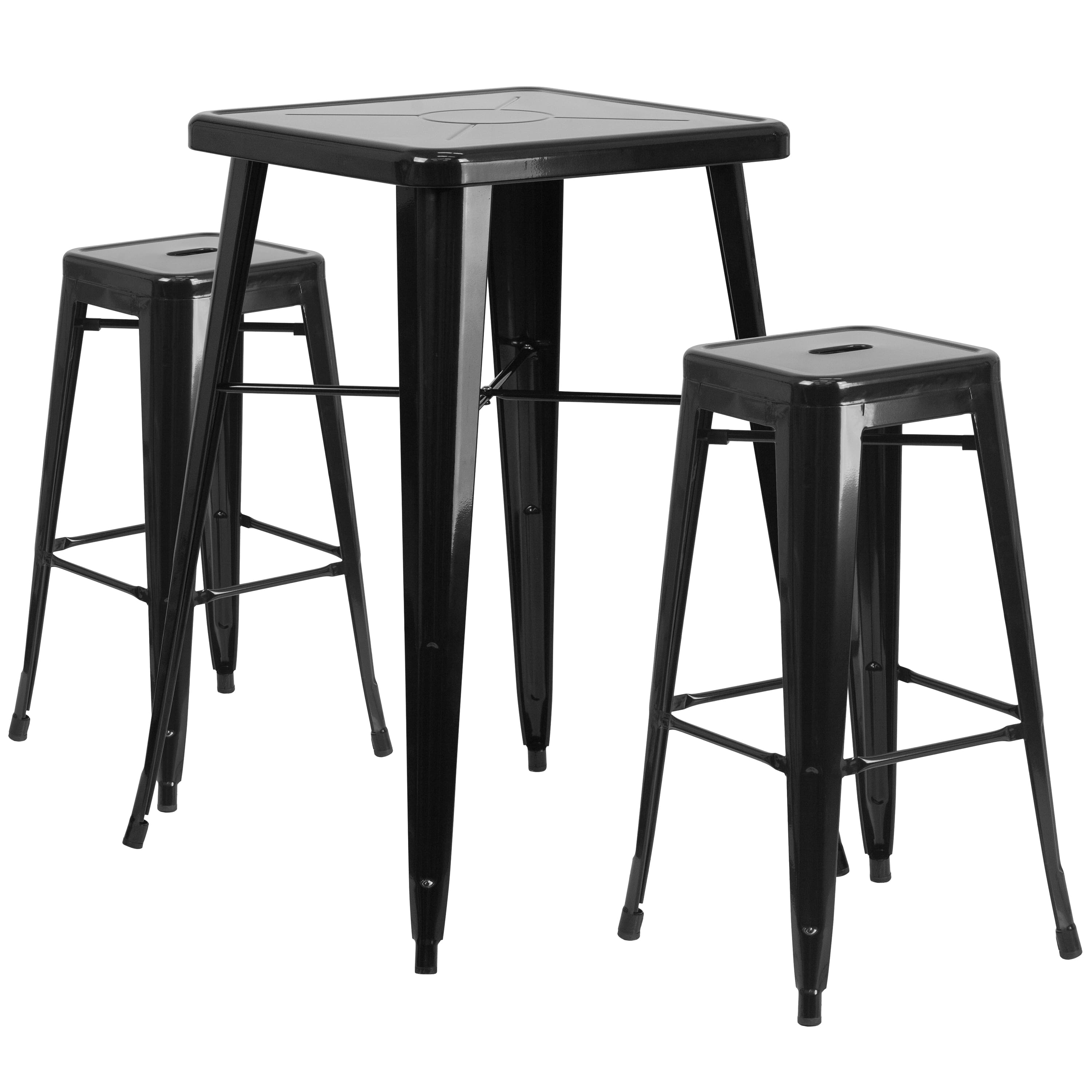 Emma + Oliver - Commercial Grade 23.75" Square Metal Indoor-Outdoor Bar Set & 2 Backless Stools - Black