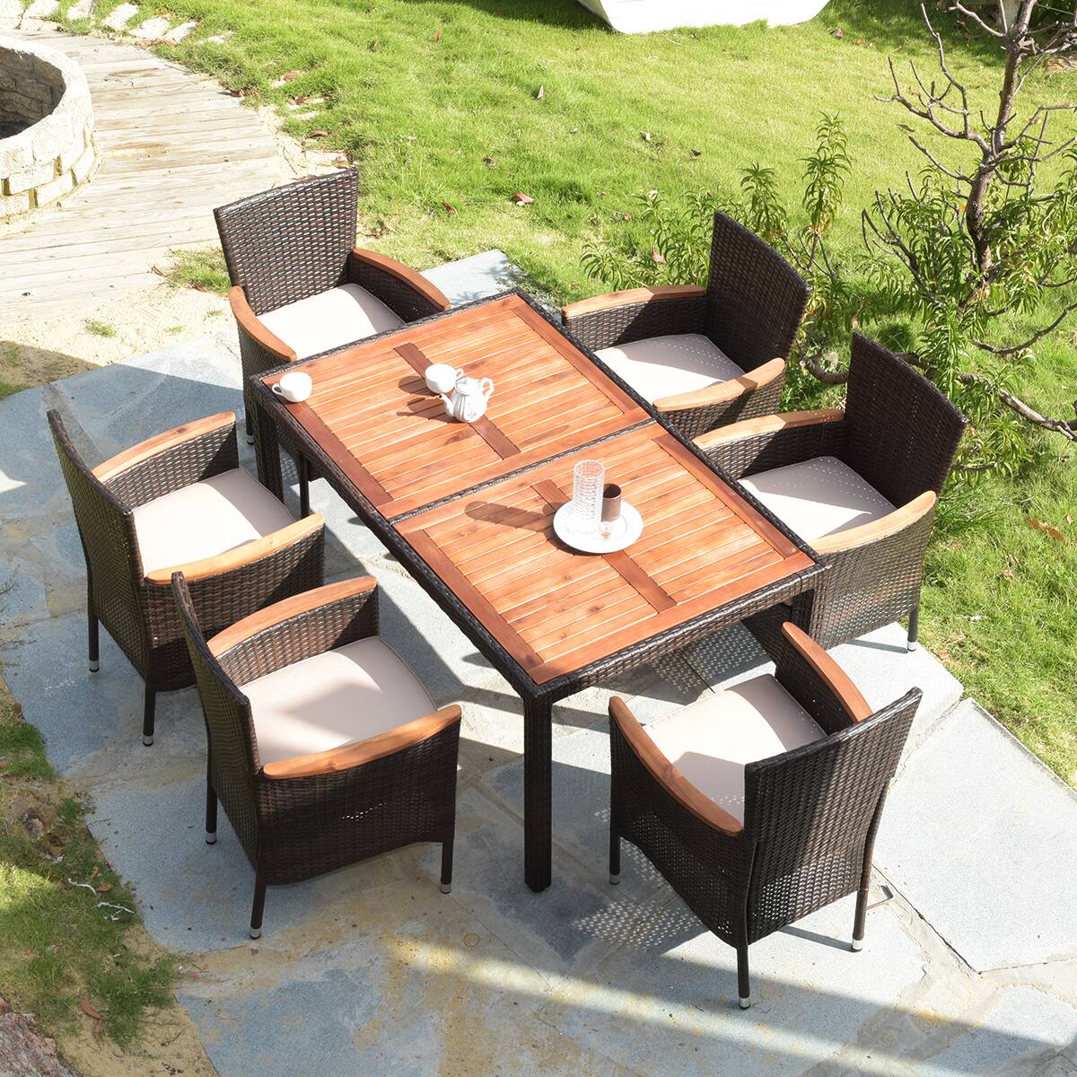 Alt View 7. Gymax - Gymax 7pcs Patio Rattan Dining Set 6 Stackable Cushioned Chairs Patio - as pic.