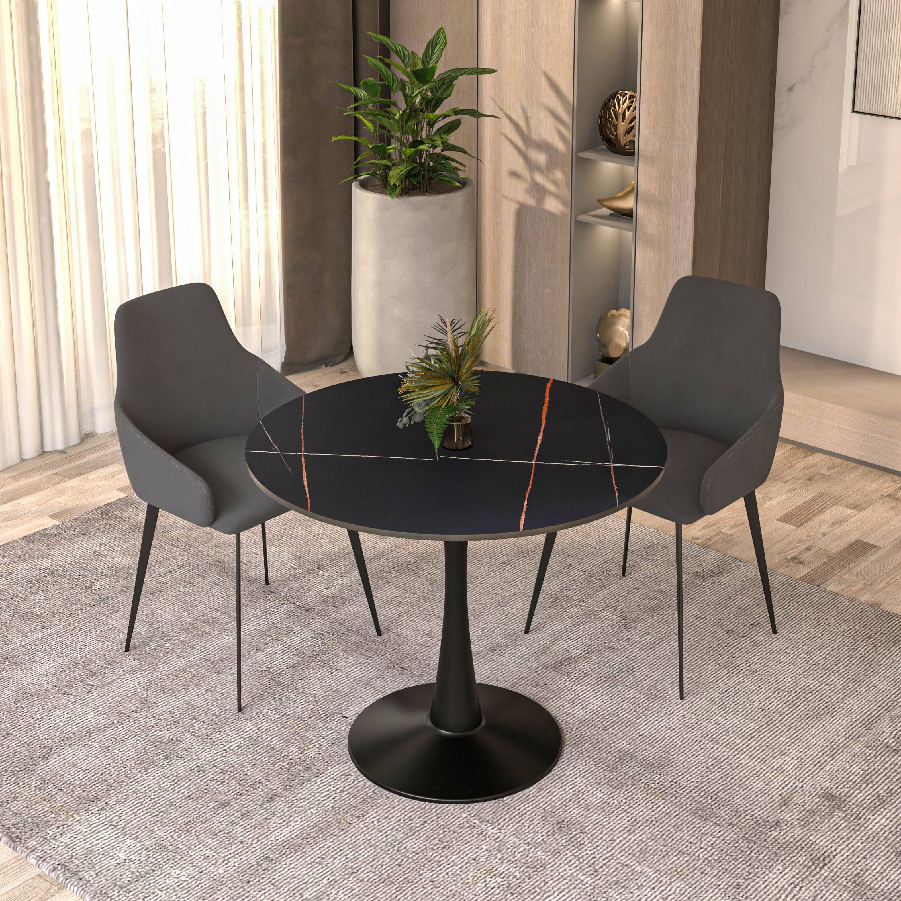 Left. LeisureMod - Bristol 31" Mid-Century Modern Round Pedestal Dining Table - Glossy MDF/Stone Top for Kitchen & Cafe - Stone - Black.