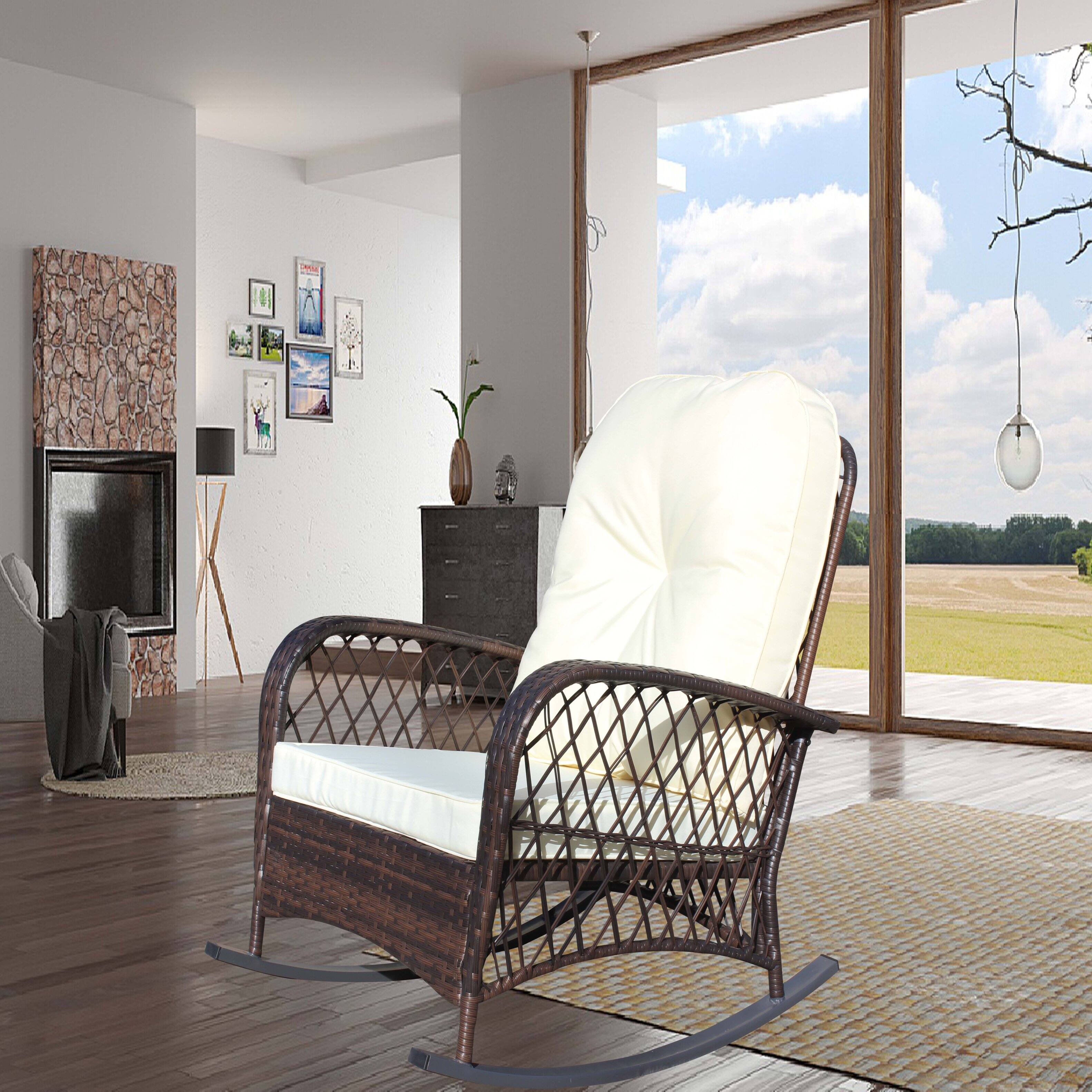 Angle. Tiramisubest - Outdoor Wicker Rocking Chair with Wide Seat,Steel Frame & Thick Cushion for Patio,Garden,Backyard,Beige Cushion - Brown+Beige.