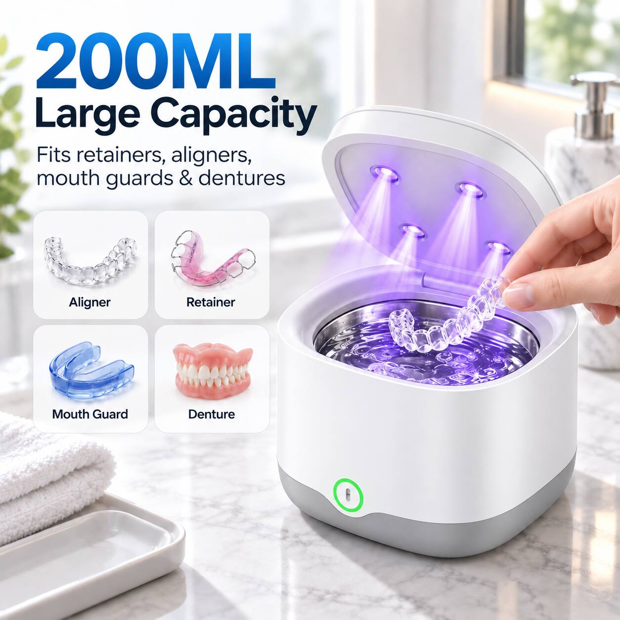 200ML Large Capacity Fits retainers, aligners, mouth guards & dentures

Aligner
Retainer
Mouth Guard
Denture
