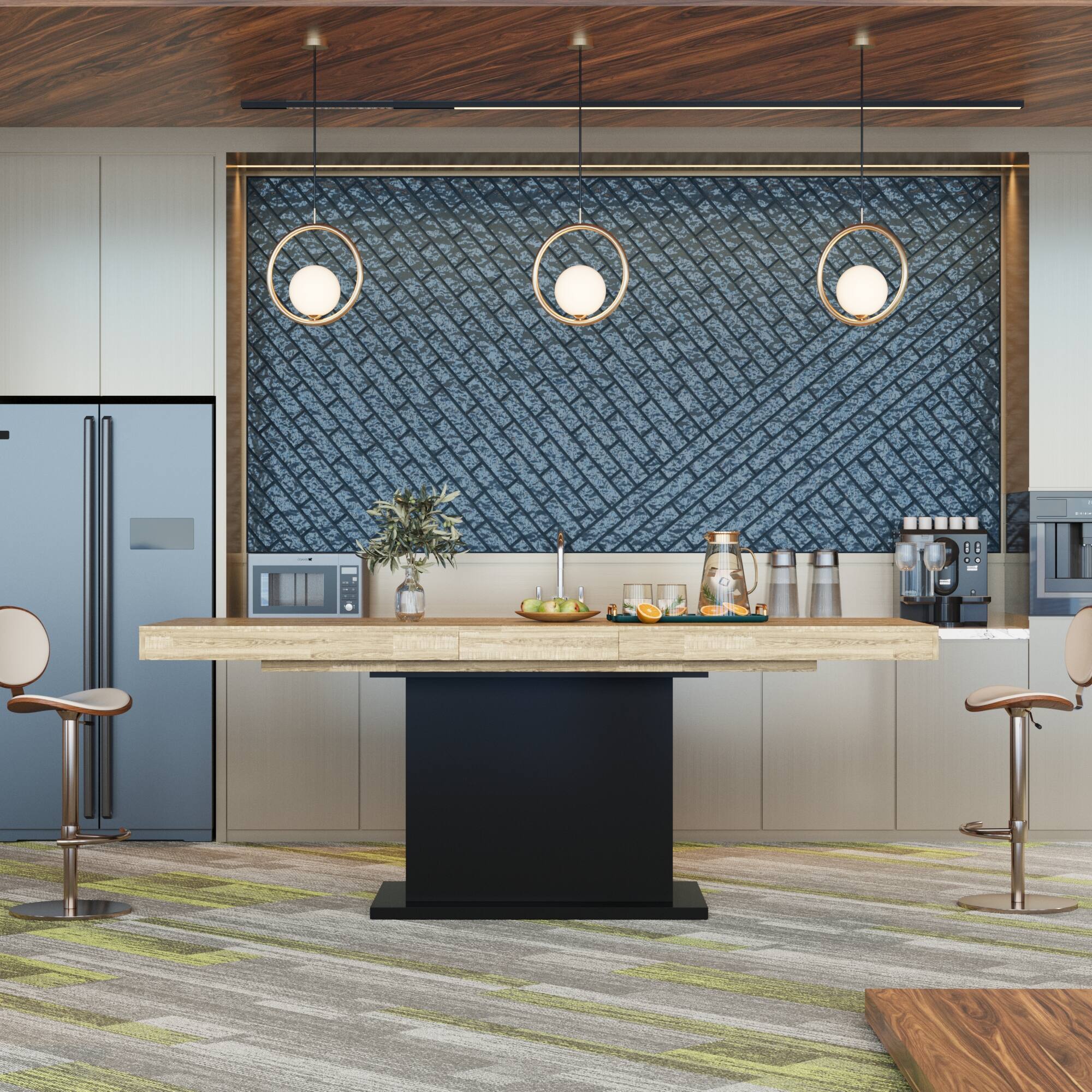 Angle. FUFU&GAGA - Extendable Dining Table for 6-8, Wood Grain Kitchen Table with Black Base, Space-Saving Expandable Table for Home - Black & Wooden.