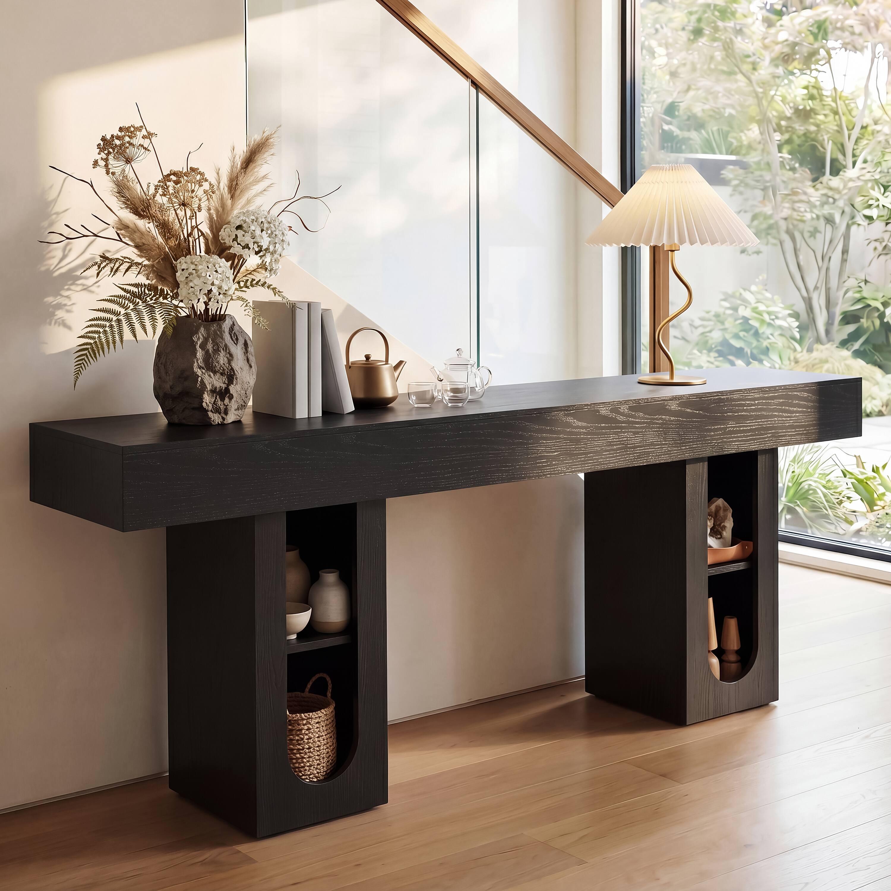 Front. Whisen - 63-Inch Long Console Table with Built-in Power Outlet and Adjustable Shelves-Black - Black.