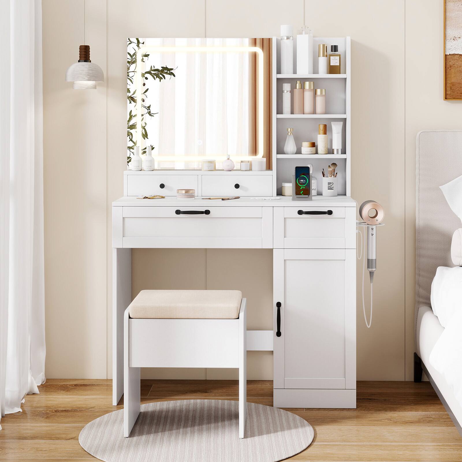 Alt View 3. Gymax - Gymax Vanity Set w/Cushioned Stool Makeup Table w/Adjustable Lighting Mode Brightness - White.