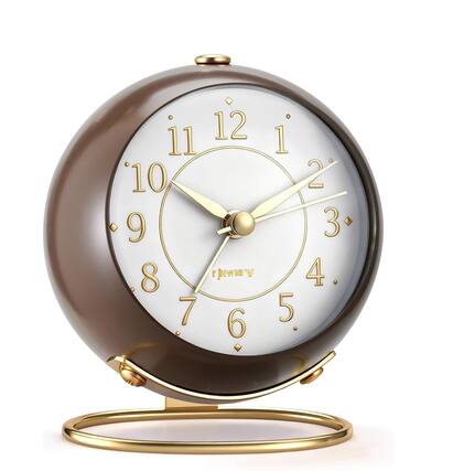 Front. FINEAK - Vintage Silent Metal Analog Alarm Clock, Gold Coffee Brown Desk Clock - Brown.