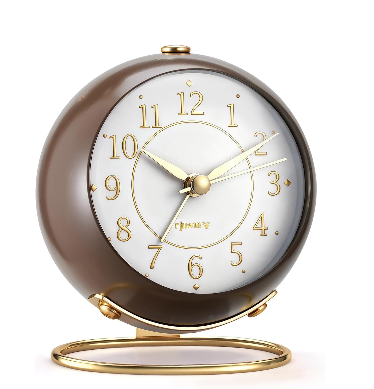 Front. FINEAK - Vintage Silent Metal Analog Alarm Clock, Gold Coffee Brown Desk Clock - Brown.