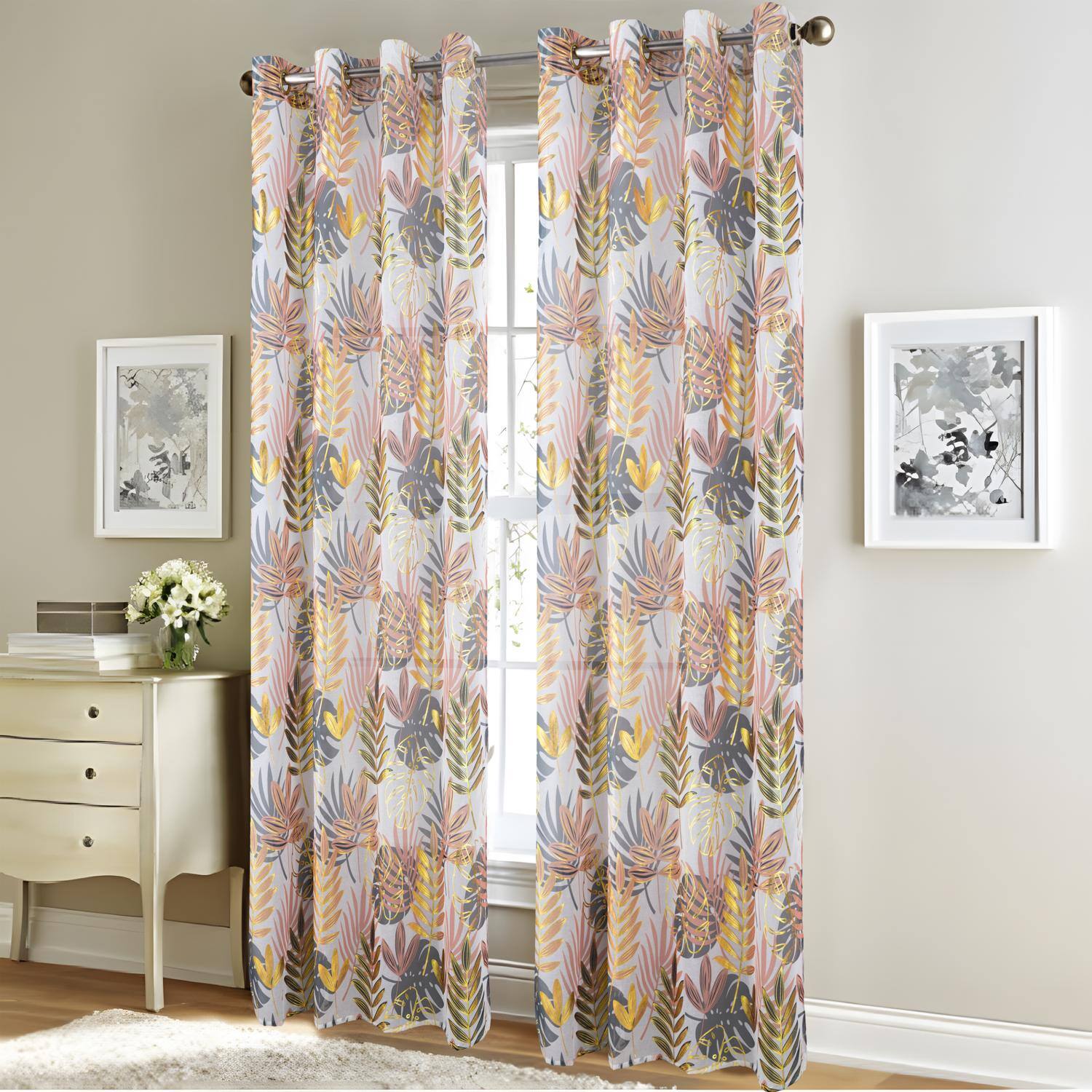 Angle. RT Designers Collection - RT Designer Collection Fern Foil Printed Doily Luxurious Decorative Grommet Curtain Panel 54" x 90" Peach - Peach.
