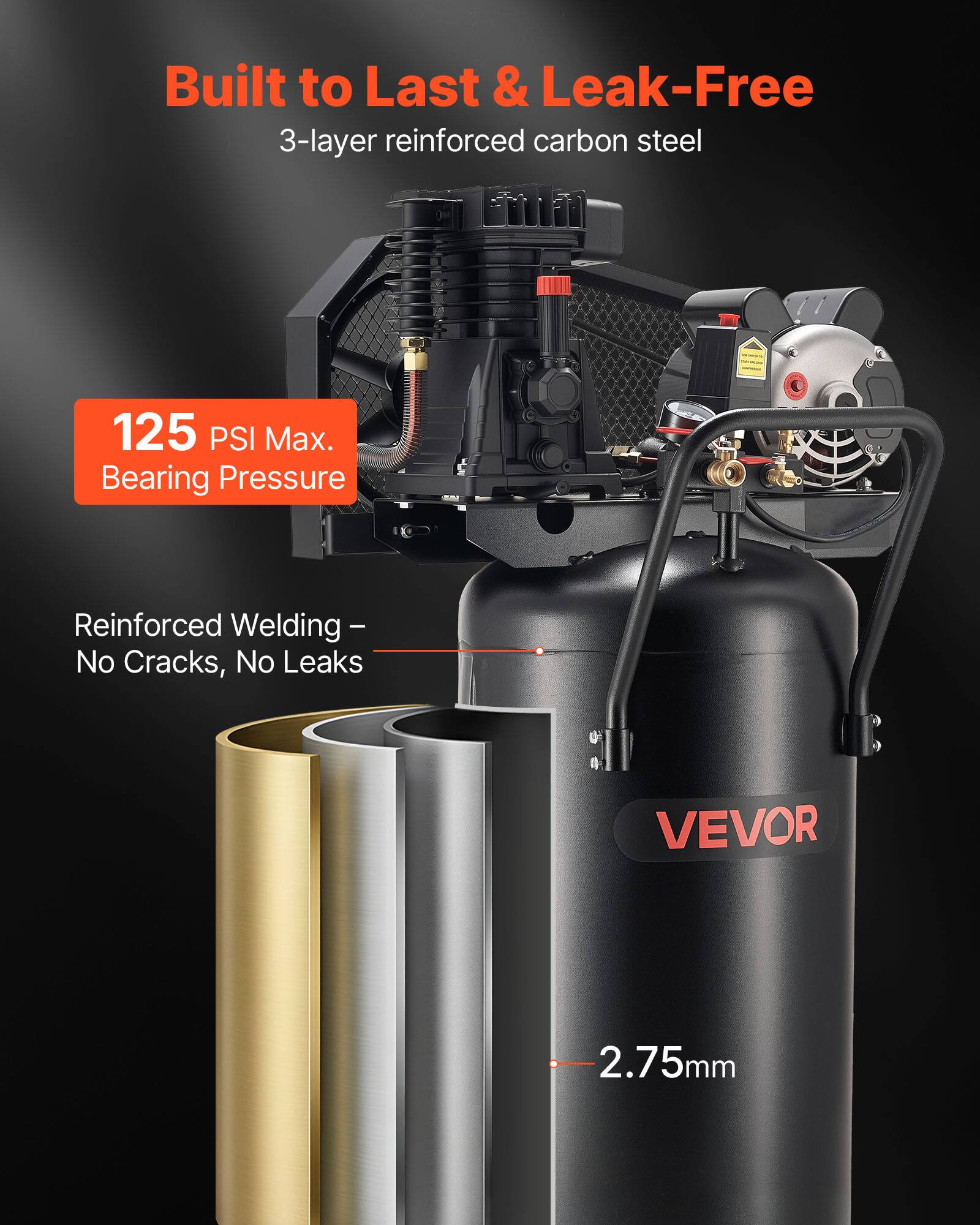 Built to Last & Leak-Free  
3-layer reinforced carbon steel  
125 PSI Max. Bearing Pressure  
Reinforced Welding - No Cracks, No Leaks  
VEVOR  
2.75mm
