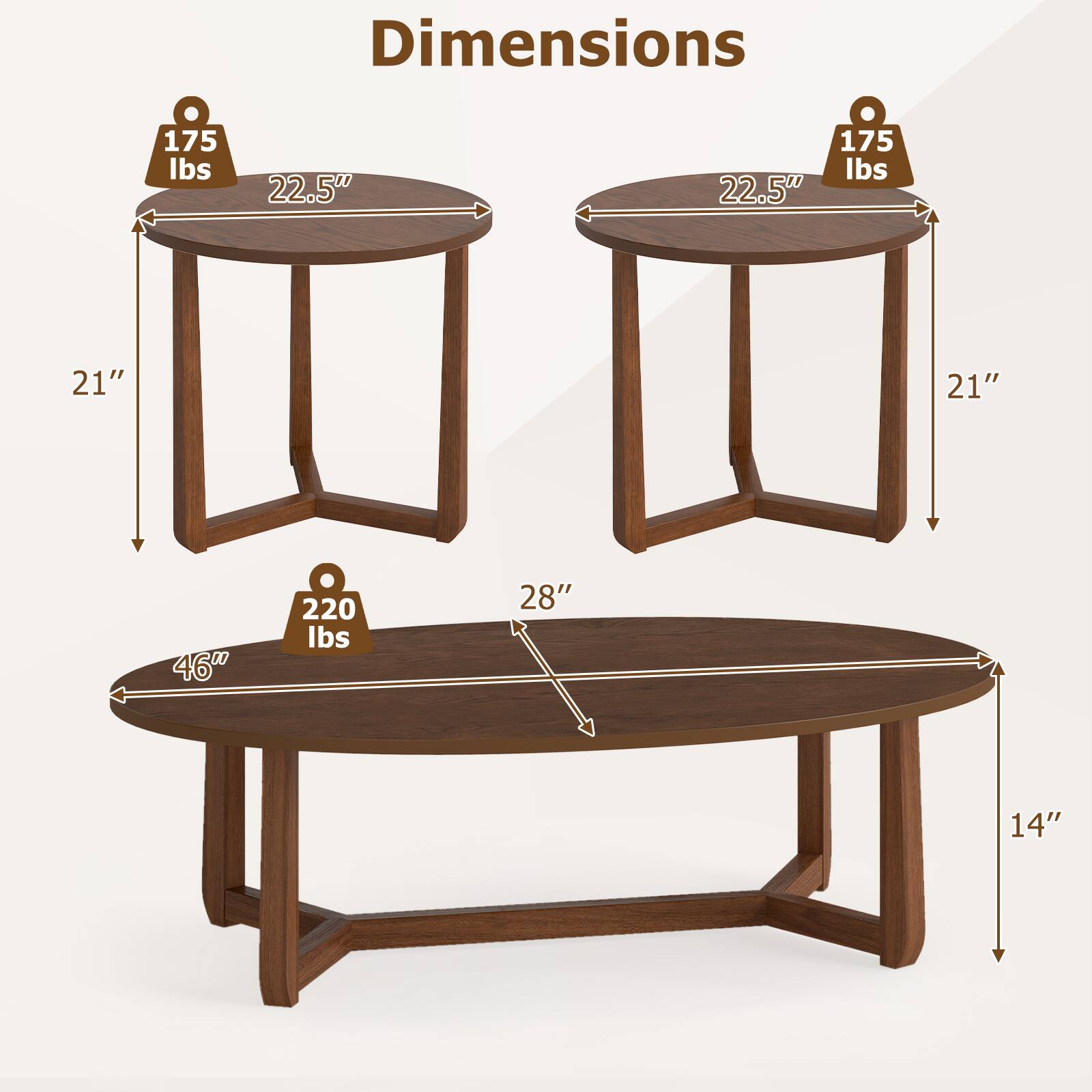 Dimensions

- 175 lbs, 22.5" diameter, 21" height
- 175 lbs, 22.5" diameter, 21" height
- 220 lbs, 28" diameter, 14" height, 46" length