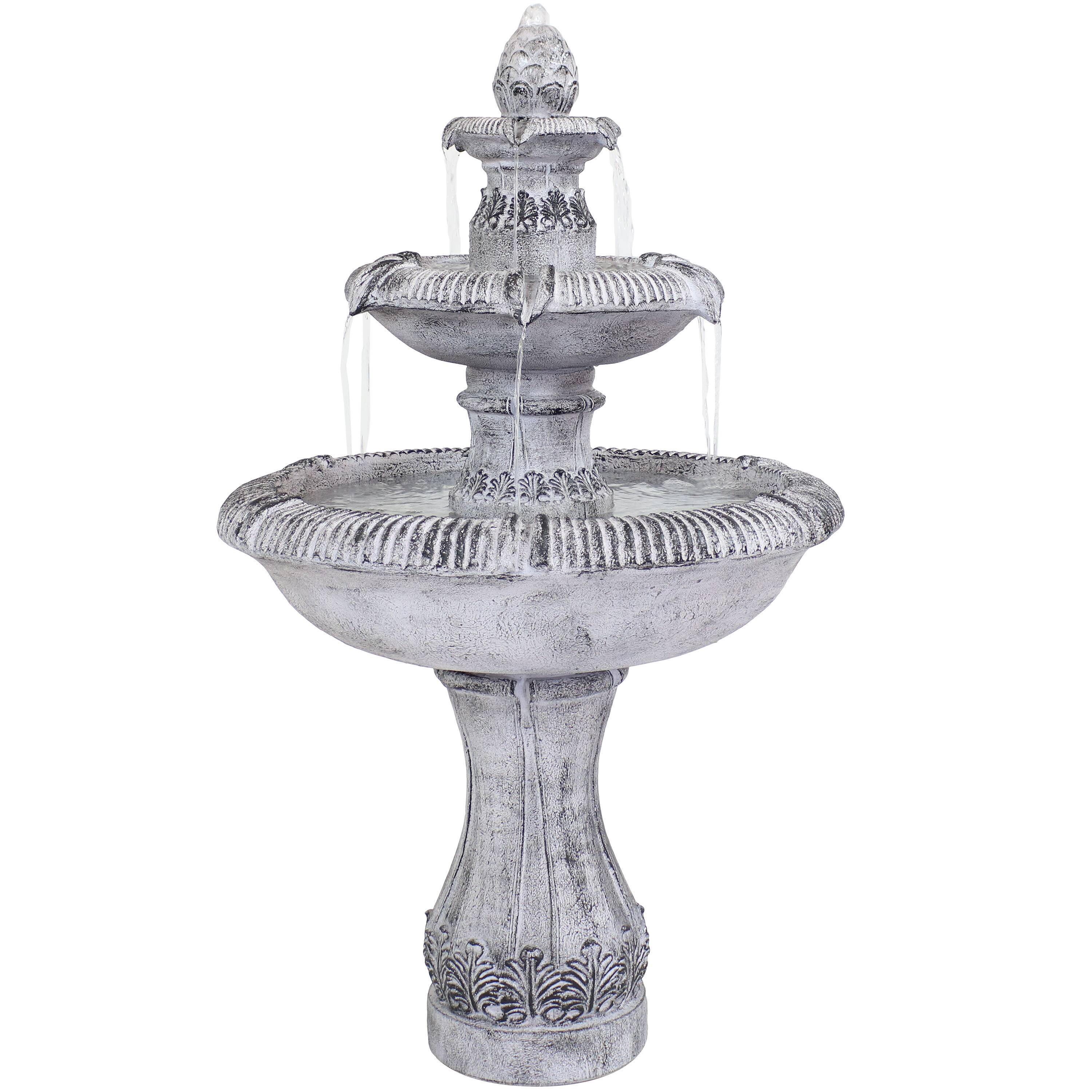 Front. Sunnydaze - Mediterranean Reinforced Concrete Outdoor 3-Tier Water Fountain - Grey.