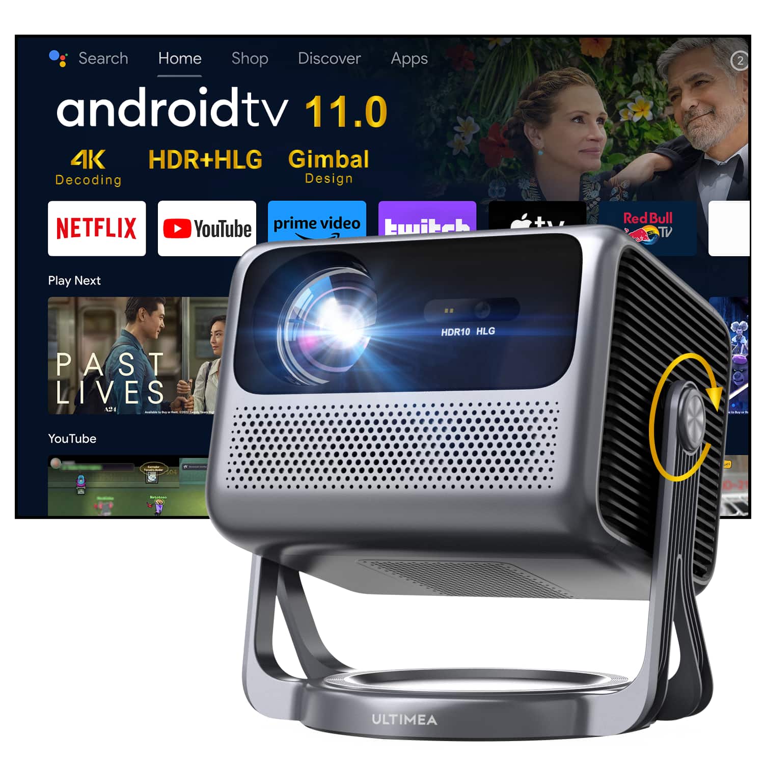androidtv 11.0, Search, Home, Shop, Discover, Apps, 4K, HDR+HLG, Gimbal Design, NETFLIX, YouTube, prime video, twitch, Red Bull TV, Play Next, HDR10 HLG, PAST LIVES, ULTIMEA