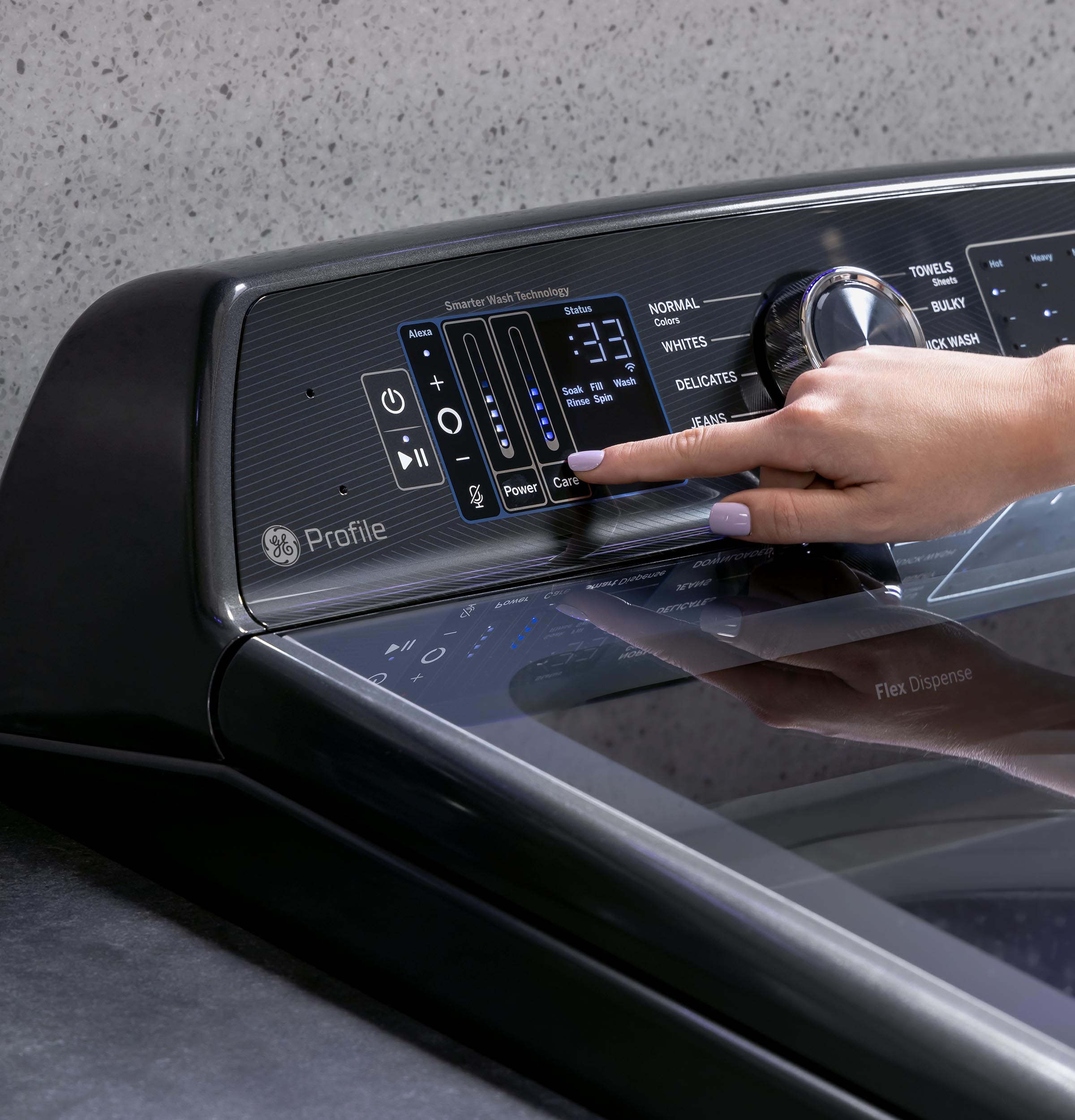 Smarter Wash Technology Status: NORMAL Colors: Alexa 33 WHITES? + . Sonk FB Wash Delicates Rinse Spin JEANS II I Power Care H Profile Podo N 2 YH2 AUE TRE 0 AD - TOWELS Sheuts BULKY CK WASH Flex Dispense Nry