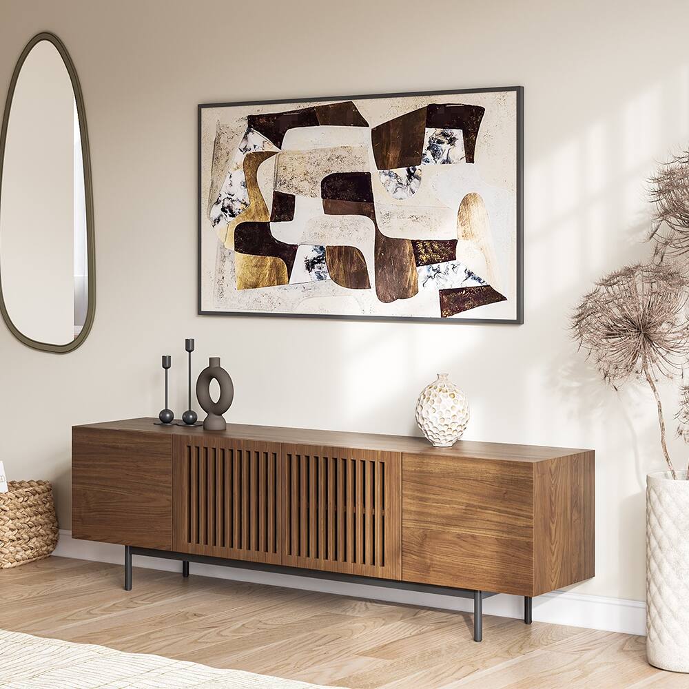 Left. POVISON - 63" Modern Wood TV Stand, Minimalist Slatted Media Console with Tall-cast Metal Legs, Walnut Veneer - Walnut.